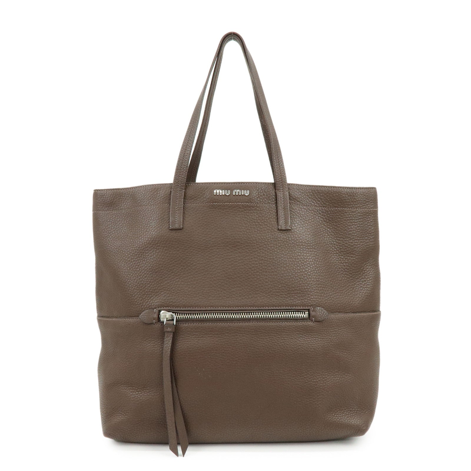 MIU MIU Logo Leather Tote Bag Shoulder Bag Hand Bag Dark Brown