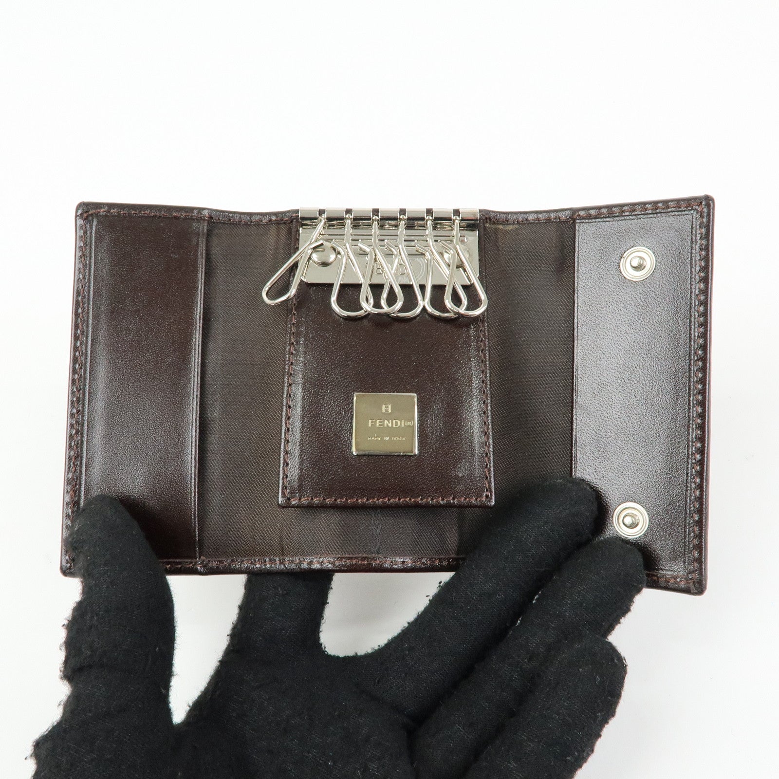 FENDI Zucca Canvas Leather 6 Rings Key Case Brown Black 513516