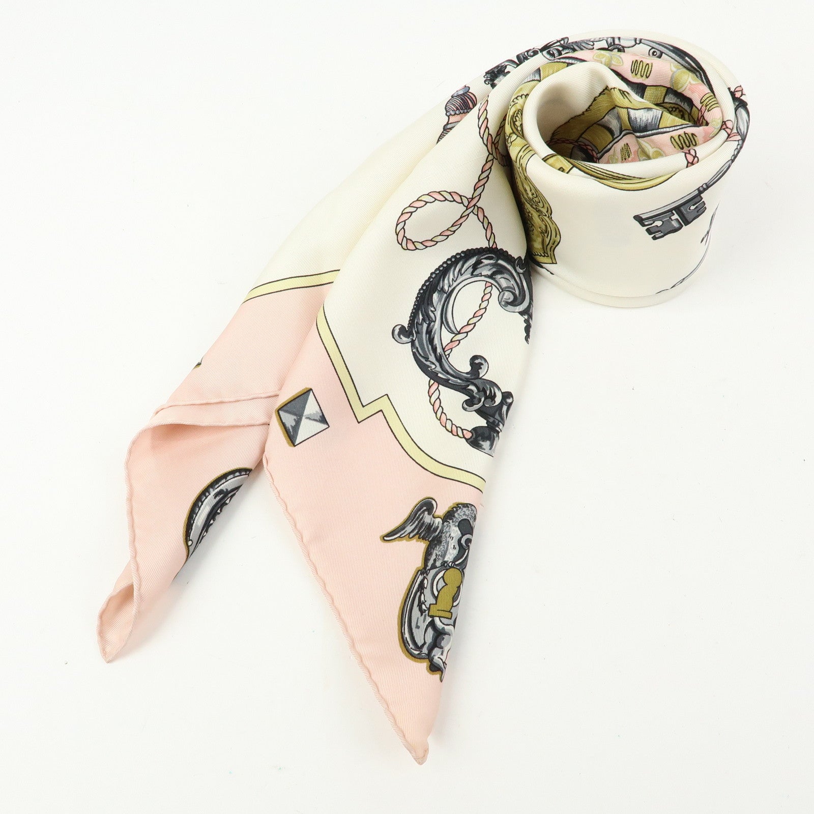 HERMES Carre 90 Silk 100% Scarf LES CLES THE KEYS RARE White Pink