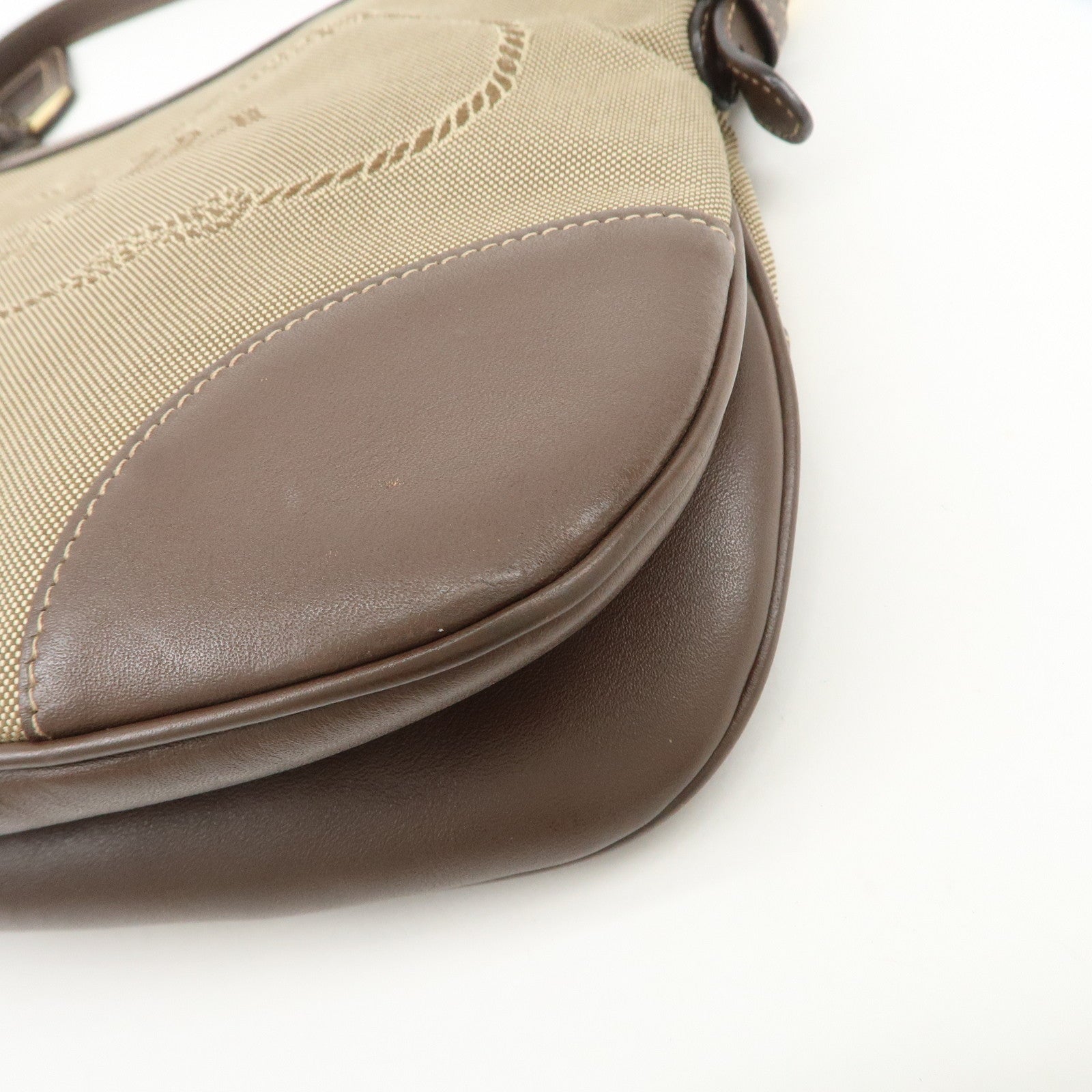 PRADA Logo Jacquard Leather Shoulder Bag Beige Brown BT867A