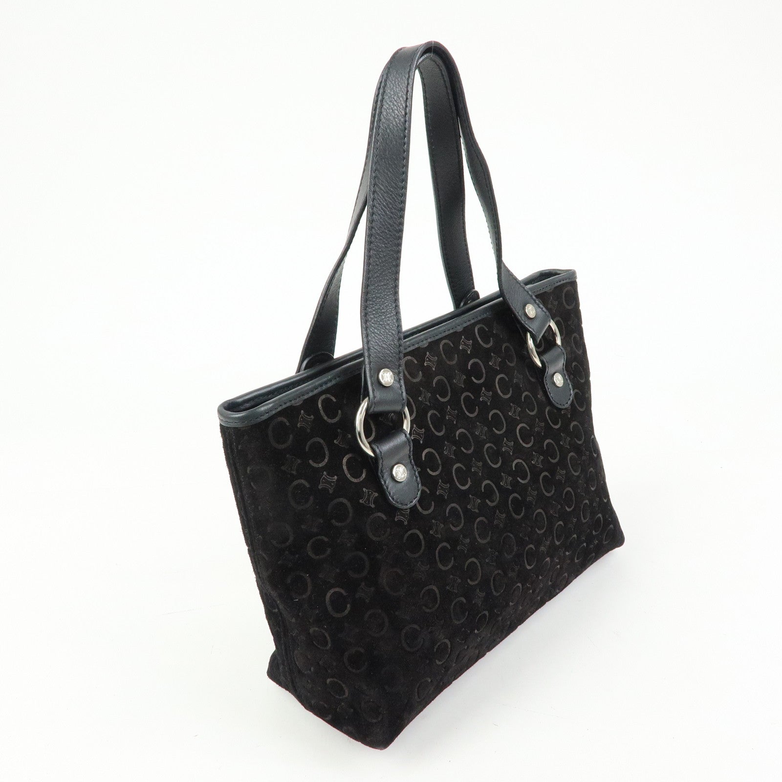 CELINE C Macadam Suede Leather Hand Bag Tote Bag Shoulder Bag Black