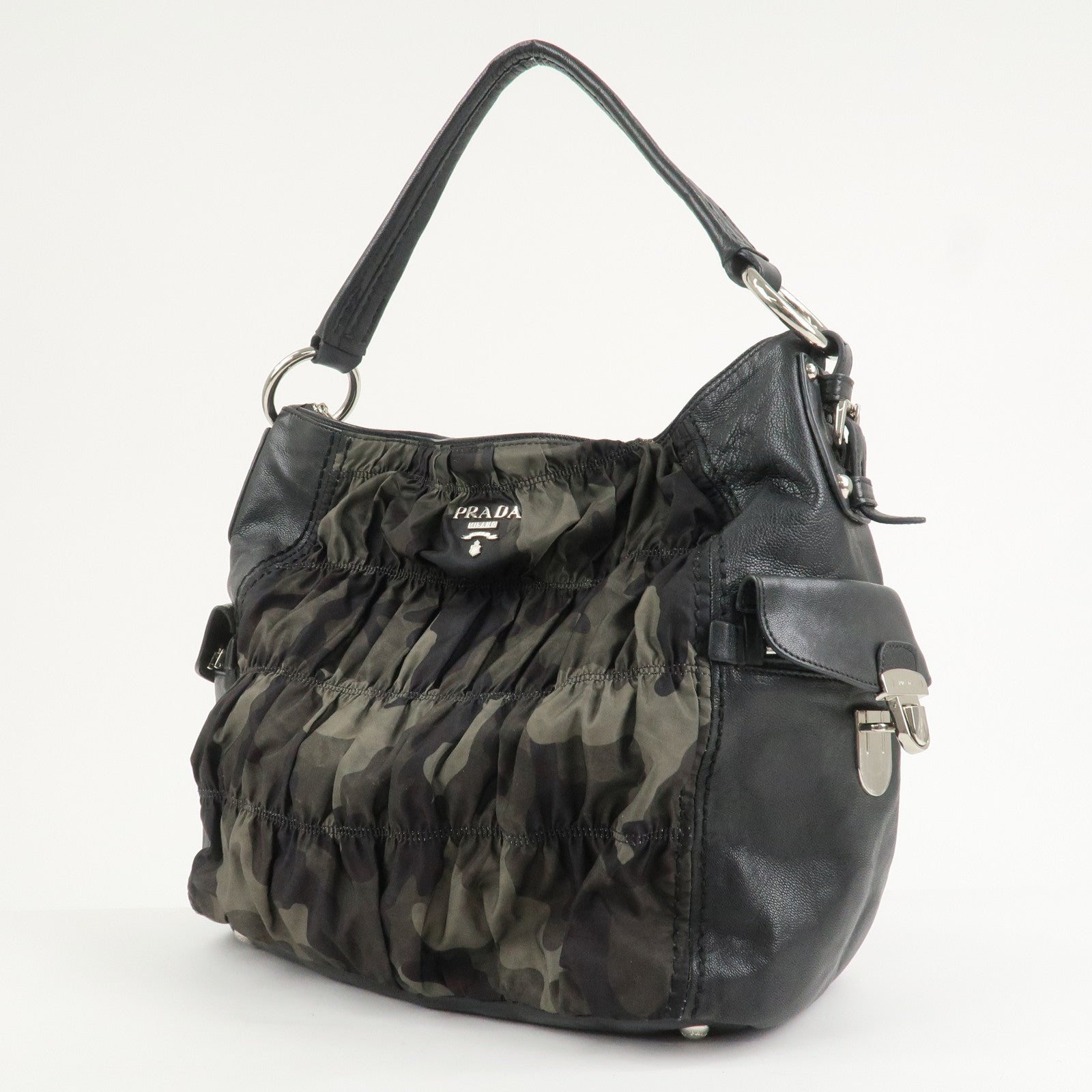 PRADA Logo Nylon Leather Gathered 2Way Shoulder Hand Bag BN4586