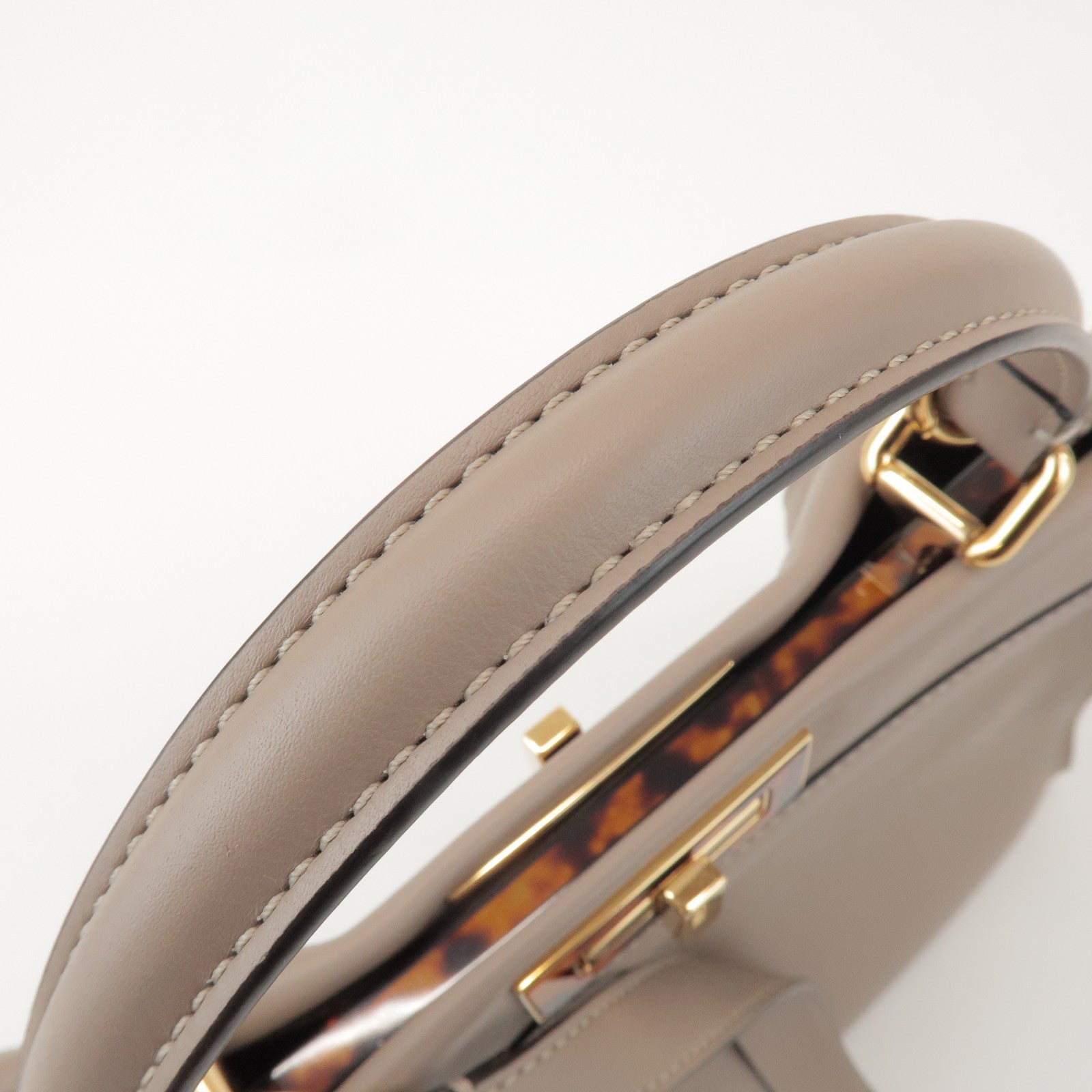 FENDI Peekaboo Leather Medium 2Way Hand Bag Greige Beige 8BN290