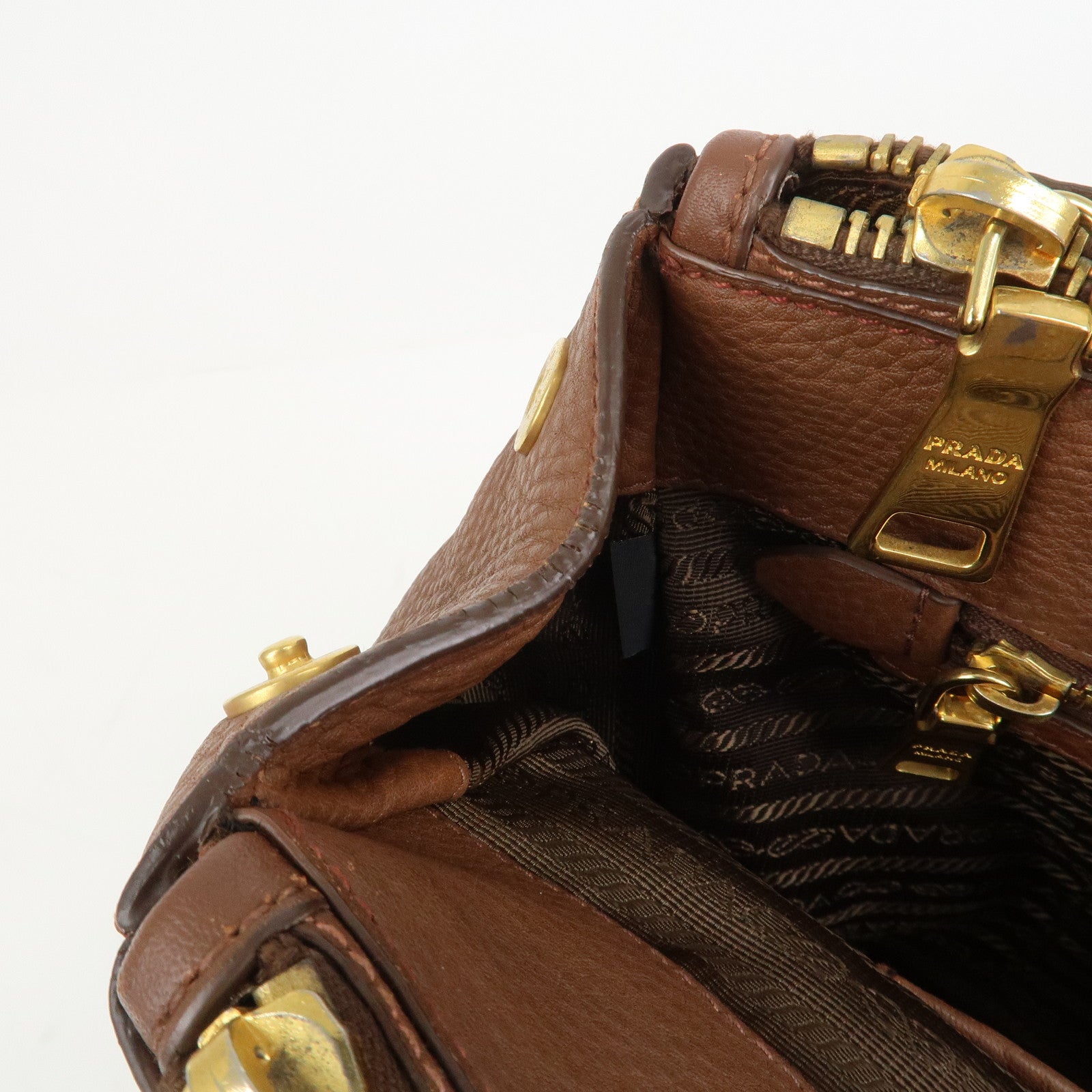 PRADA Logo Leather Hand Bag Tote Bag Brown