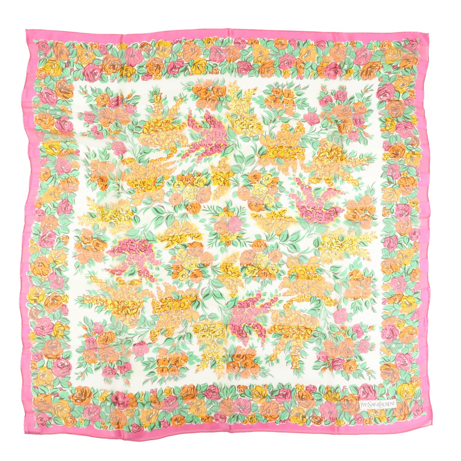 SAINT LAURENT PARIS YSL YVES Silk 100% Scarf Floral Motif Pink