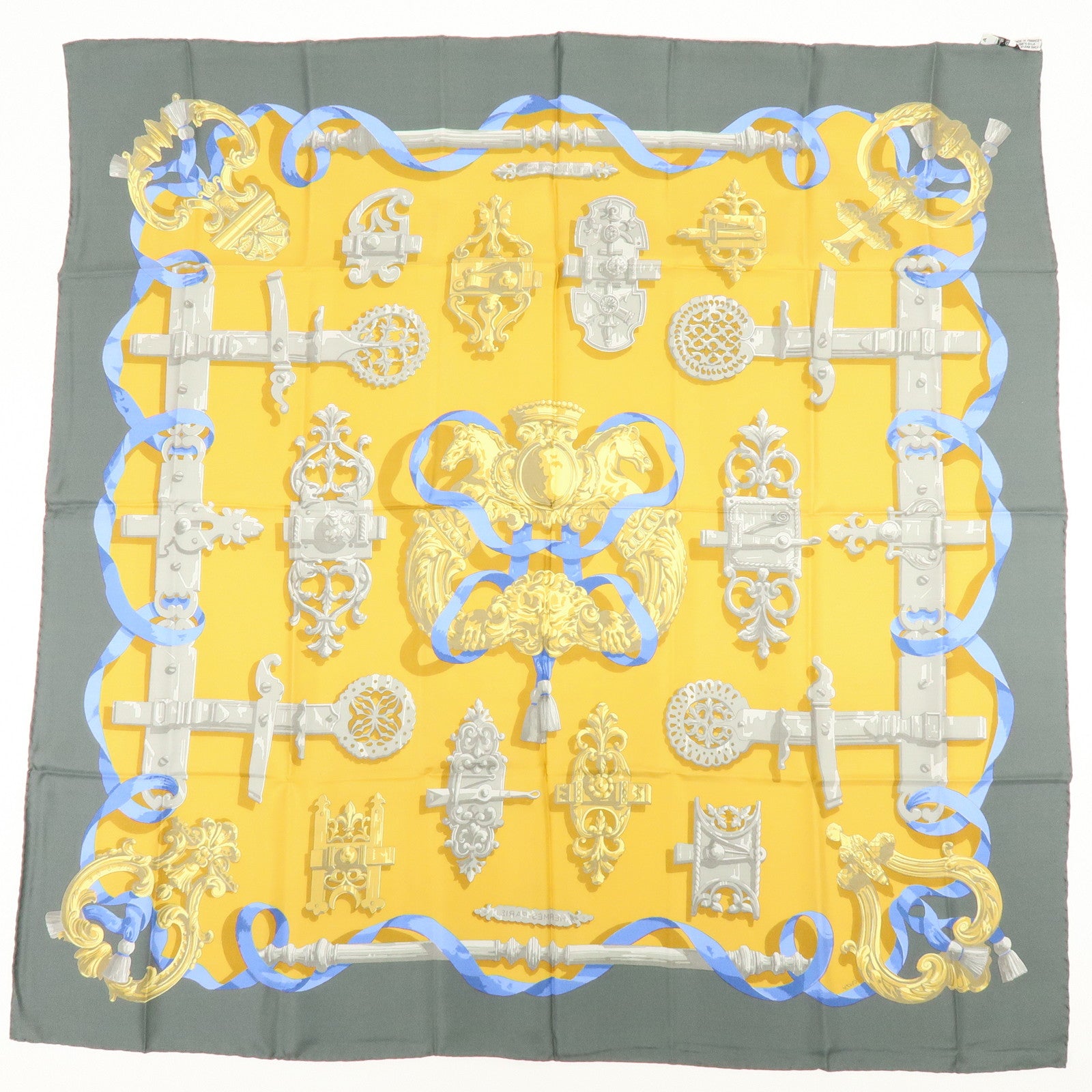 HERMES Carre 90 Silk 100% Scarf Ferronnerie Gray Gold