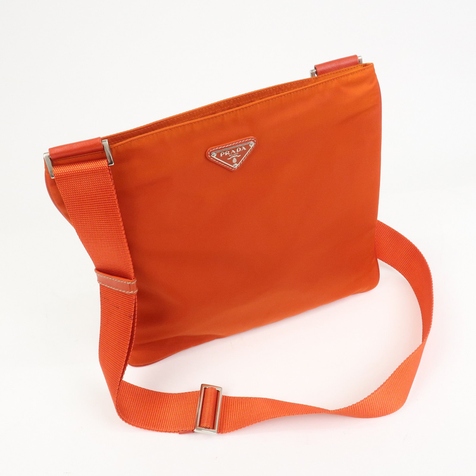 PRADA Triangle Logo Nylon Saffiano Leather Shoulder Bag Orange