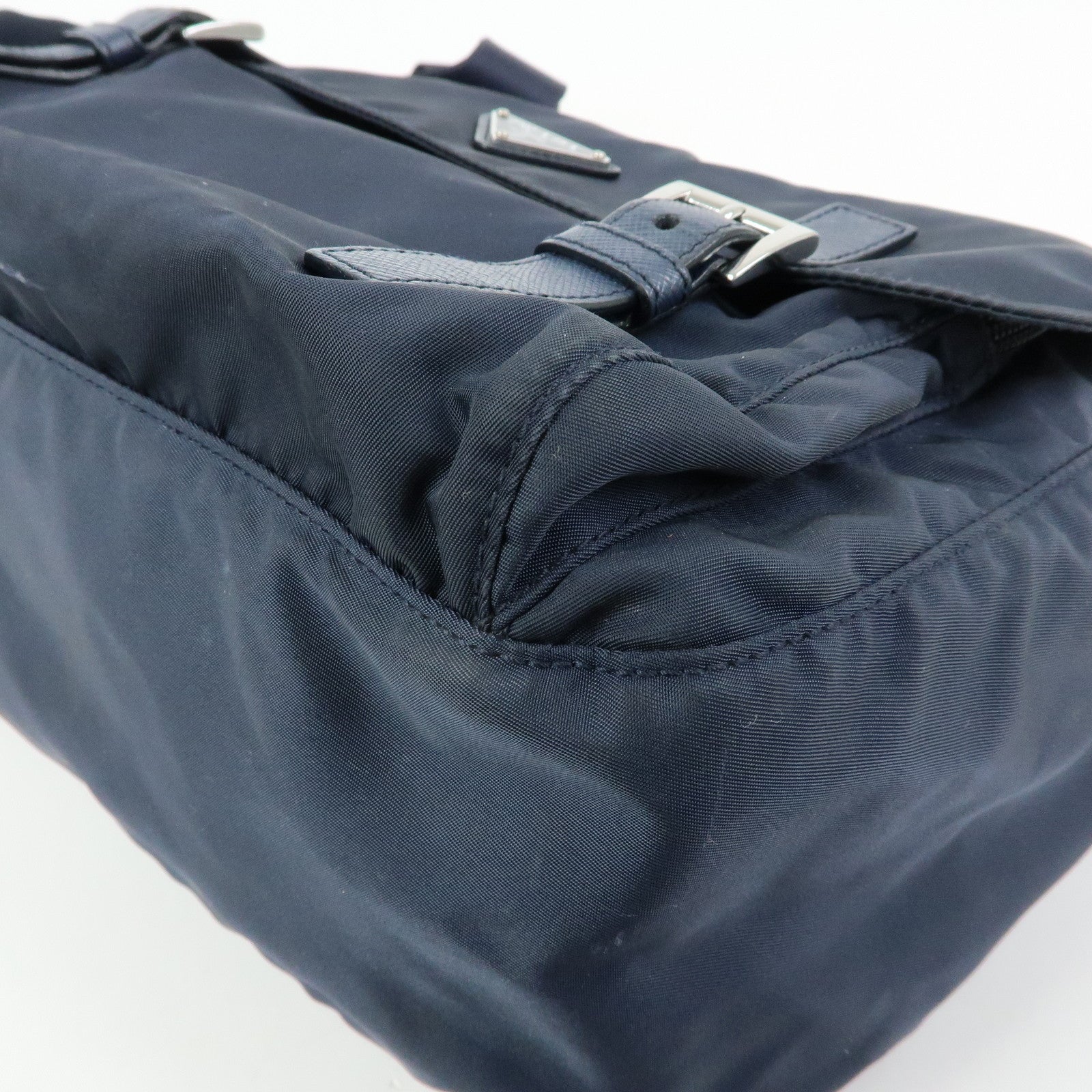 PRADA Triangle Logo Nylon Saffiano Leather Shoulder Bag Navy