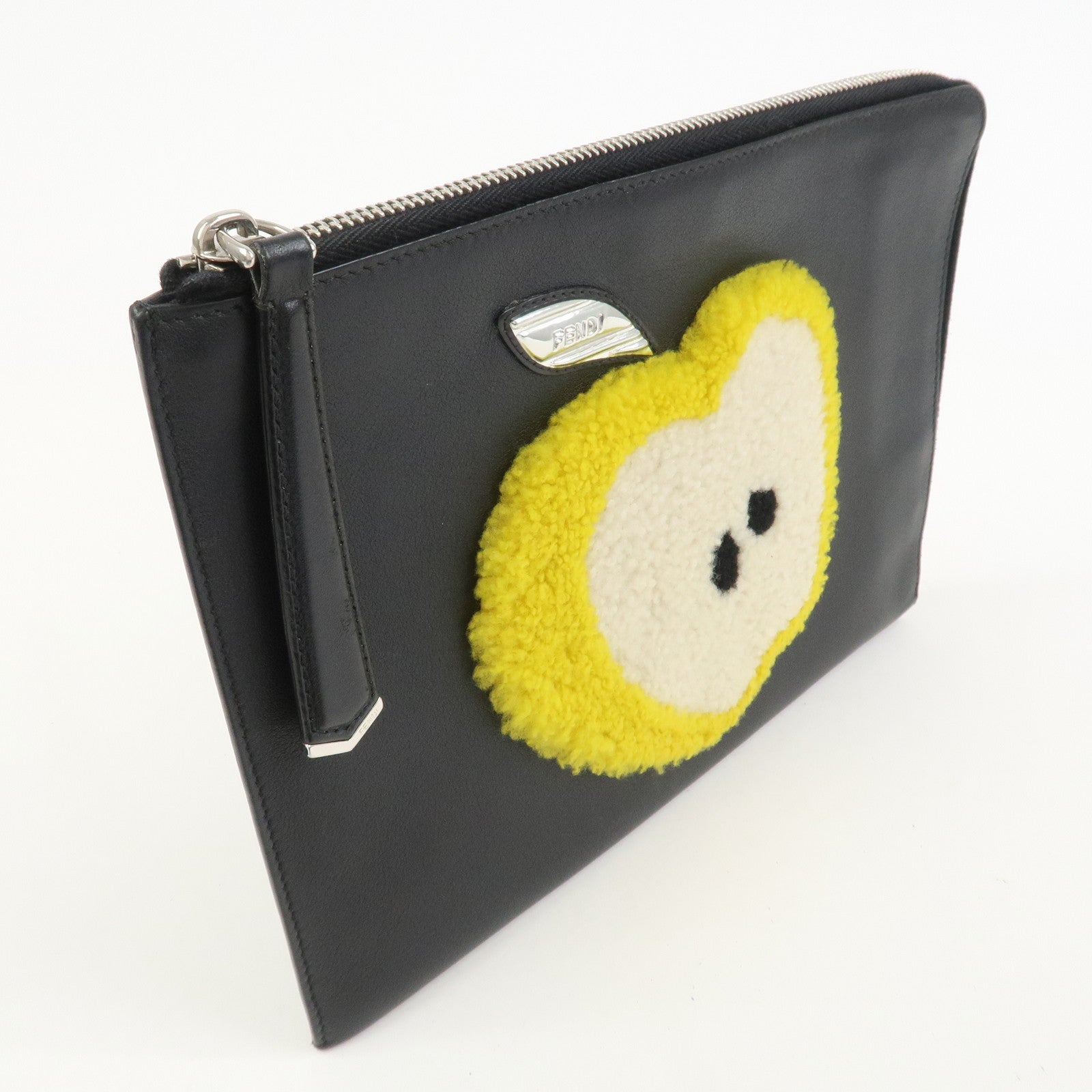 FENDI Leather Wool Apple Motif Clutch Bag Pouch Black 8M0363