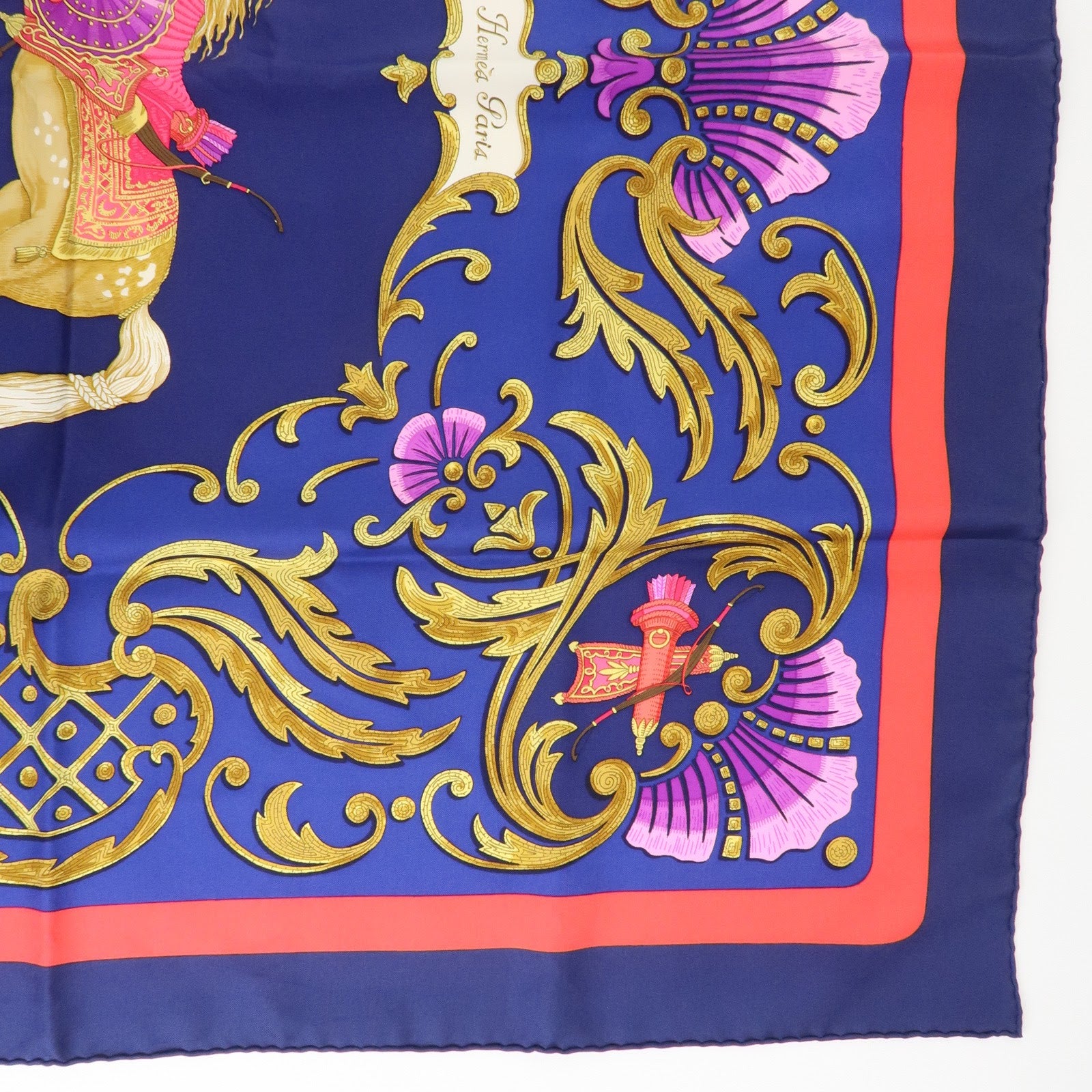 HERMES Carre 90 Silk 100% Scarf Cheval Turc Blue Gold Navy Used