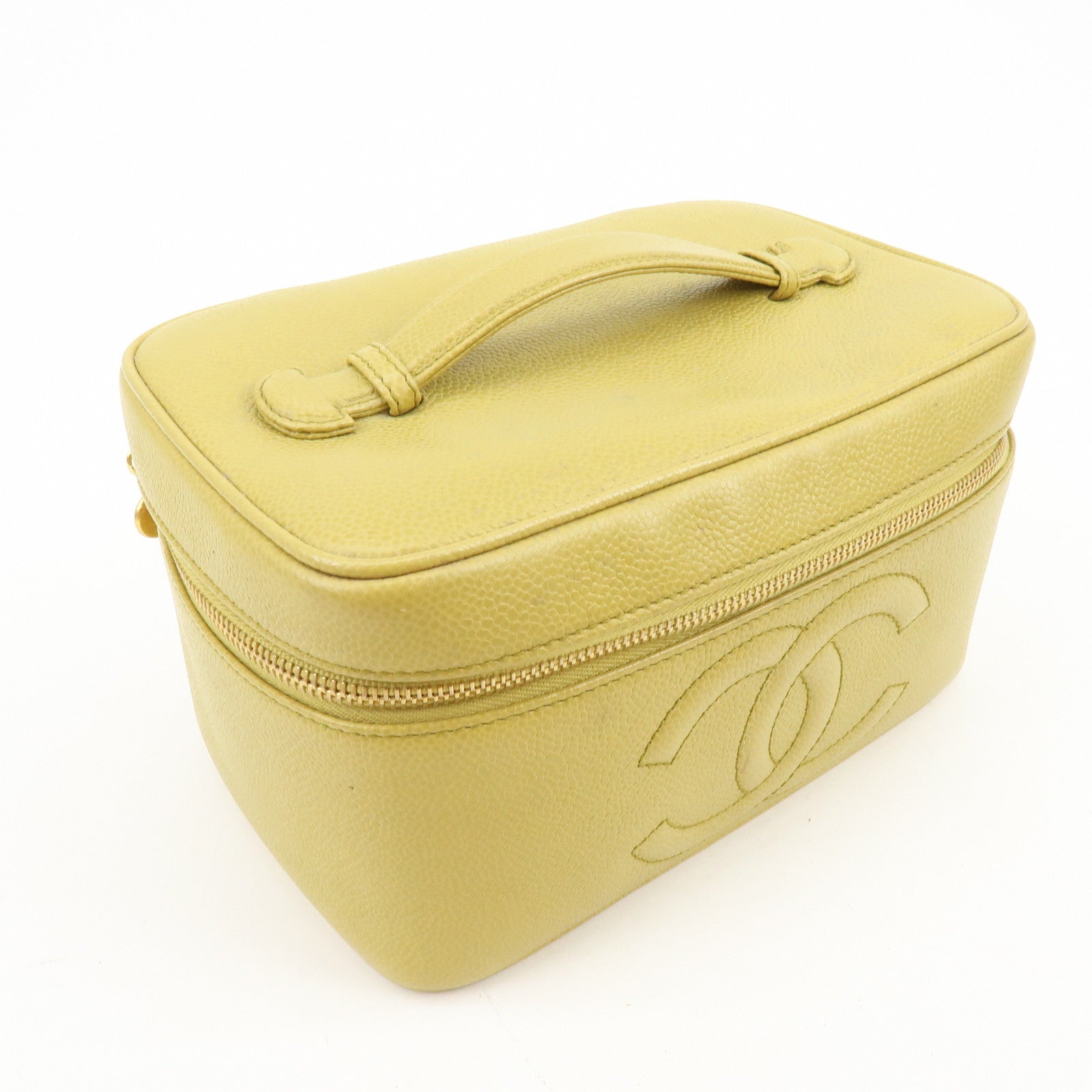 CHANEL Caviarskin Hand Bag Vanity Bag Cosmetic Pouch Lime Yellow