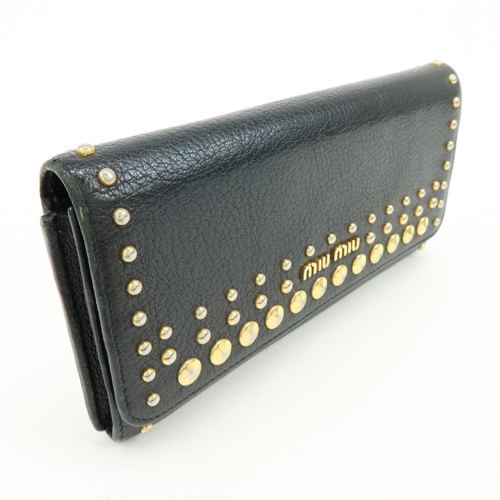 MIU MIU Logo Leather Studs Flap Long Wallet Black 5M1109