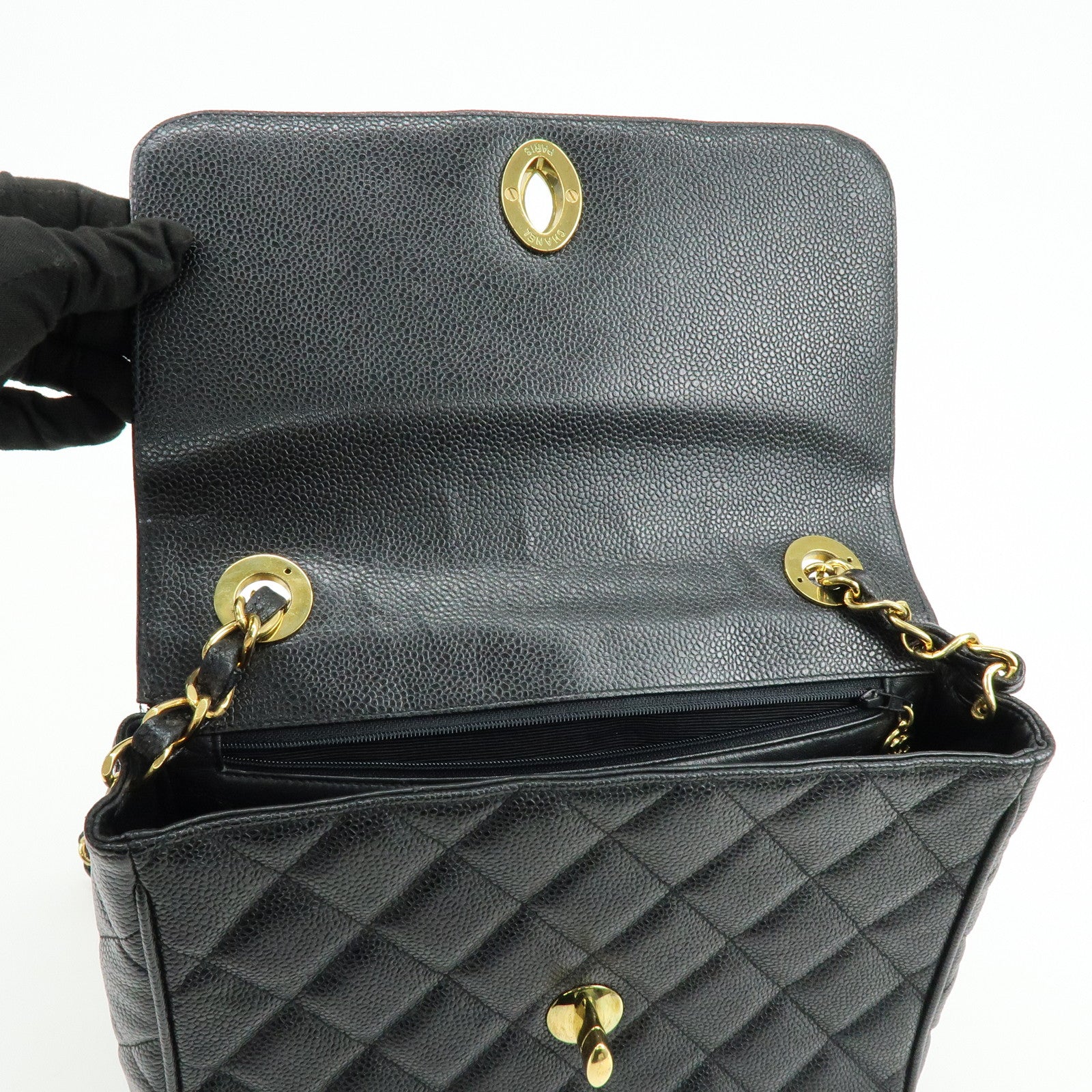 CHANEL Matelasse COCO Mark Caviarskin Chain Shoulder Bag Black