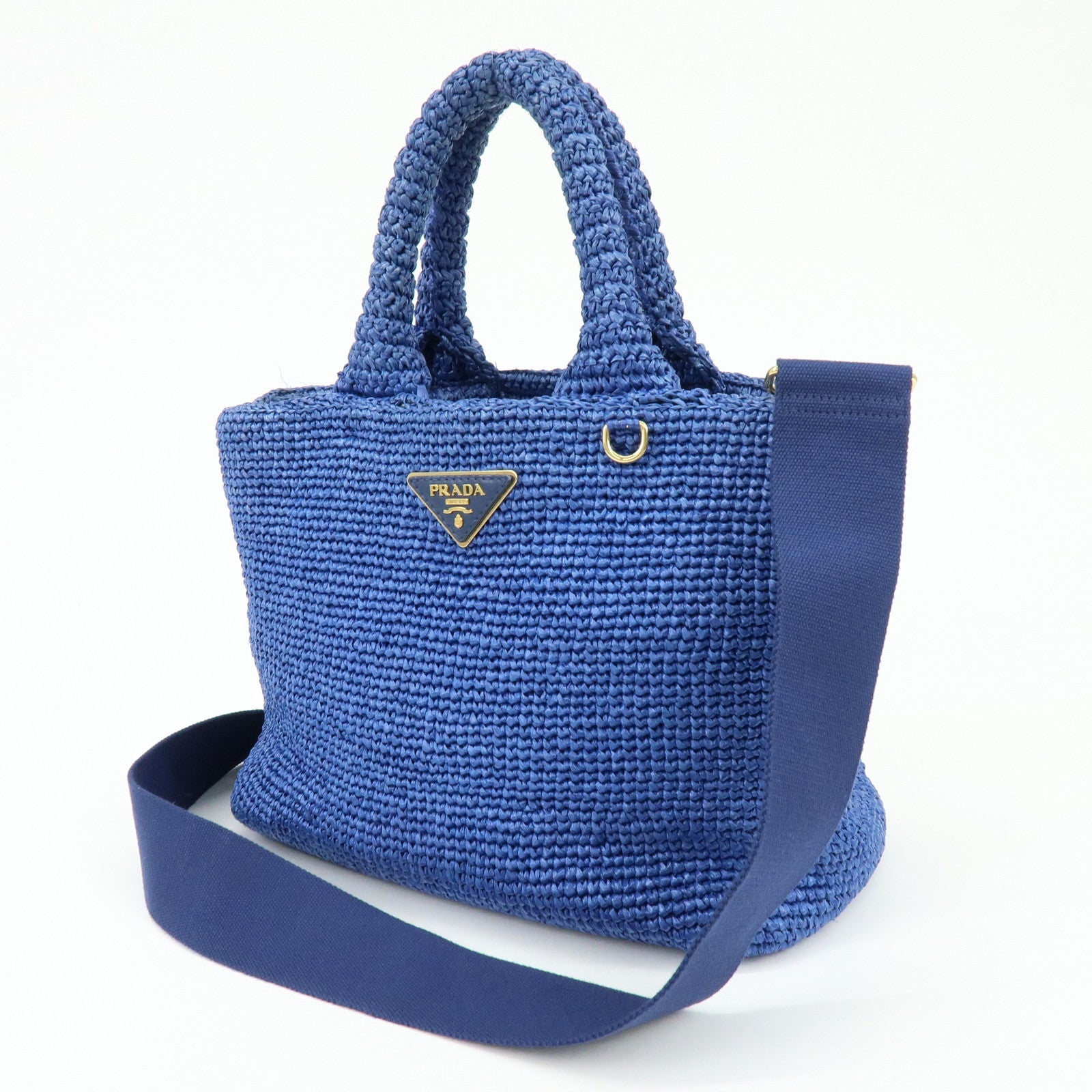 PRADA Triangle Logo Raffia 2Way Hand Bag Shoulder Bag Blue 1BG175