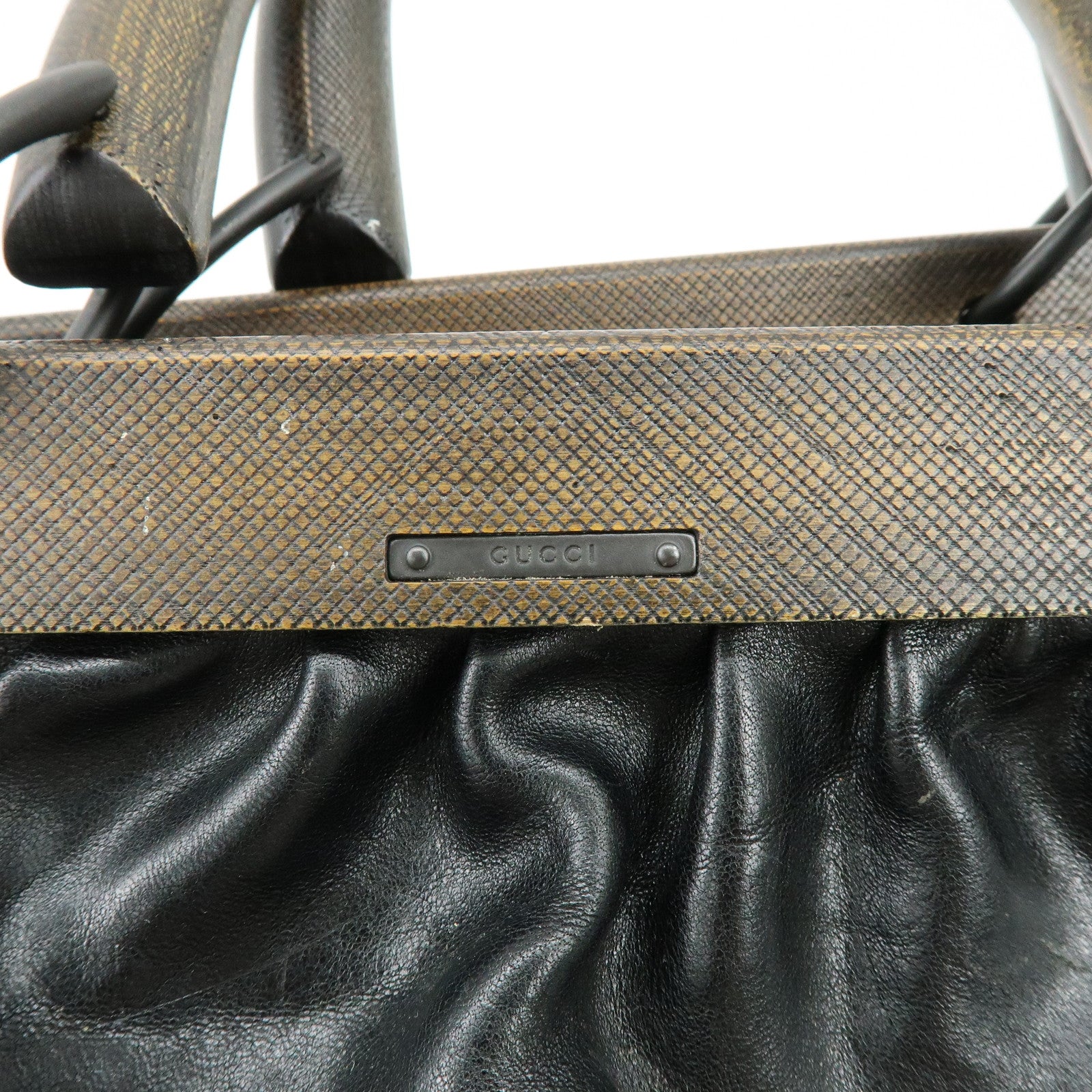 GUCCI Leather Wood Hand Bag Doctor Bag Black 105377
