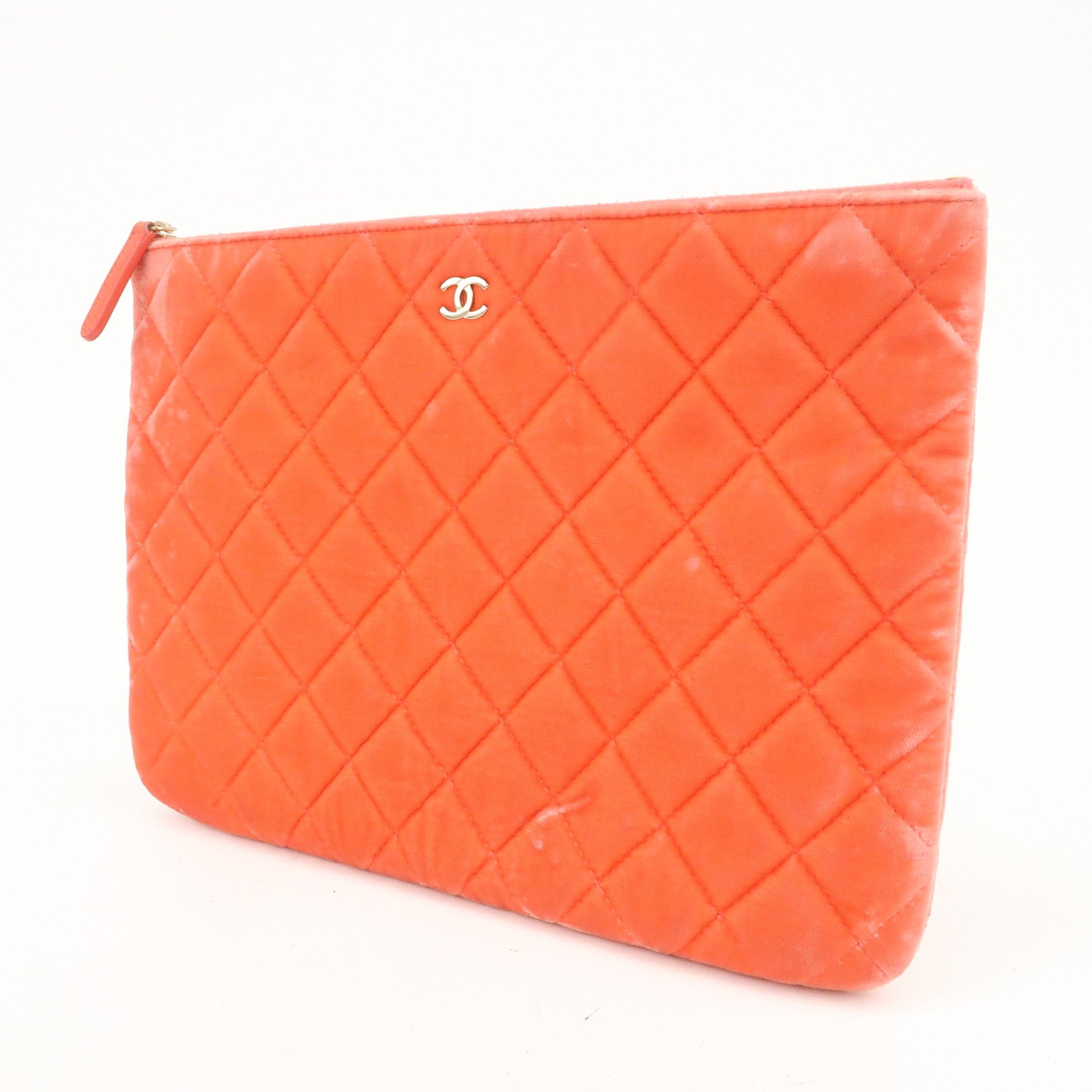 CHANEL COCO Mark Matelasse Velour Leather Clutch Bag Orange