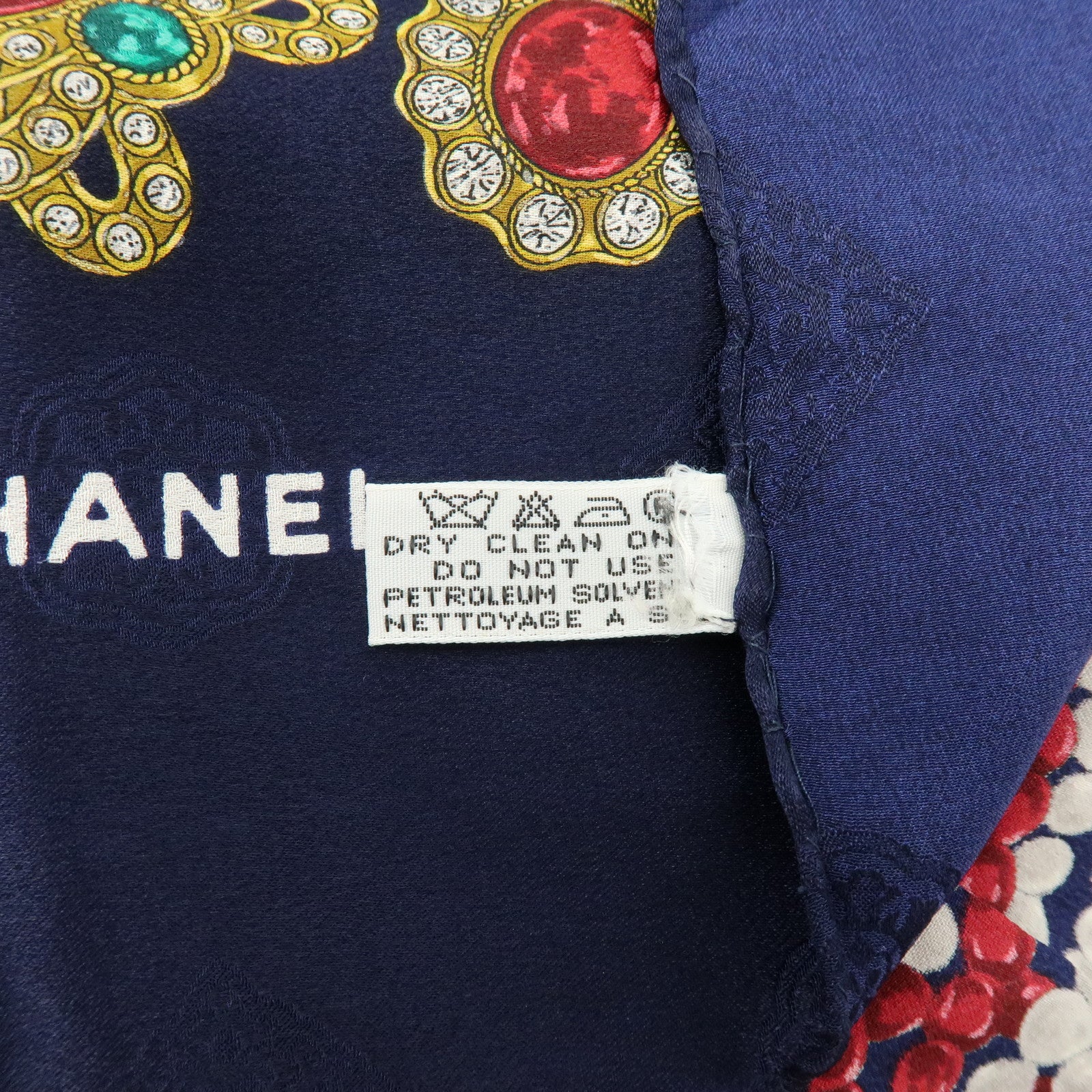 CHANEL Silk 100% Scarf Jewelry Motif Dark Navy Multicolor