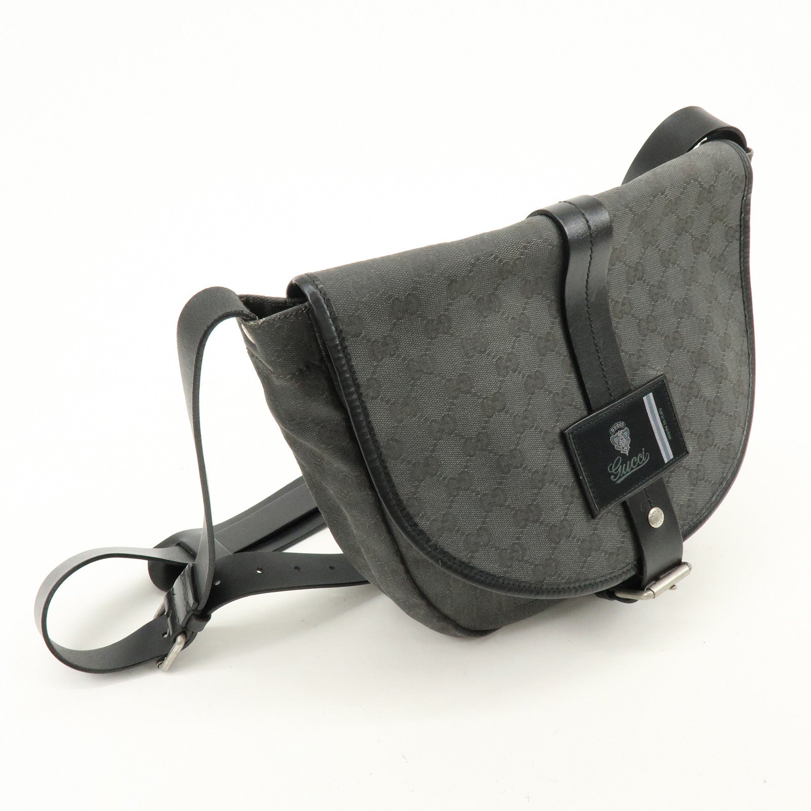 GUCCI Crest GG Canvas Leather Shoulder Bag Grey Black 223680