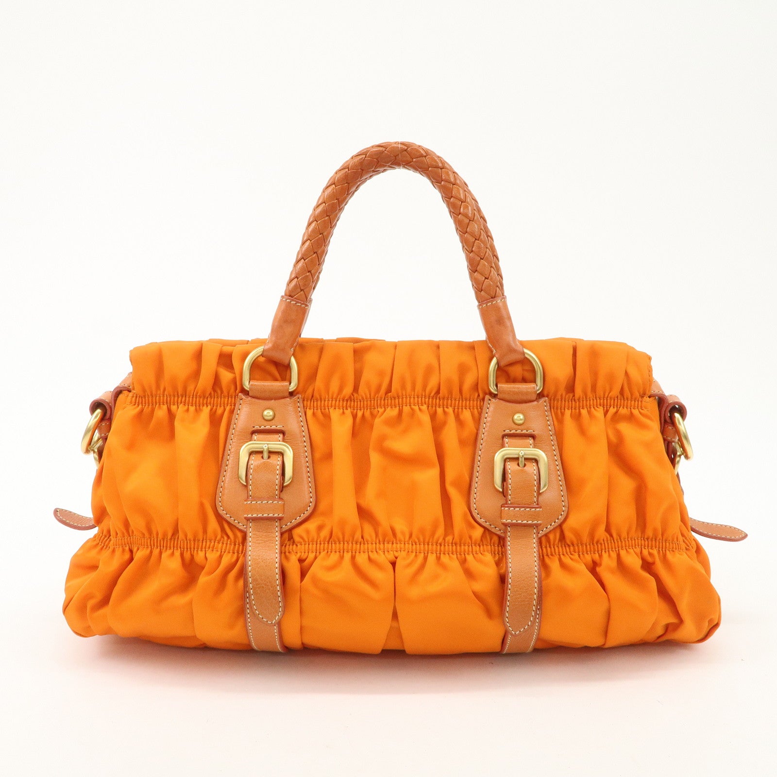 PRADA Triangle Logo Nylon Leather 2Way Bag Hand Bag Orange BN1407 Used