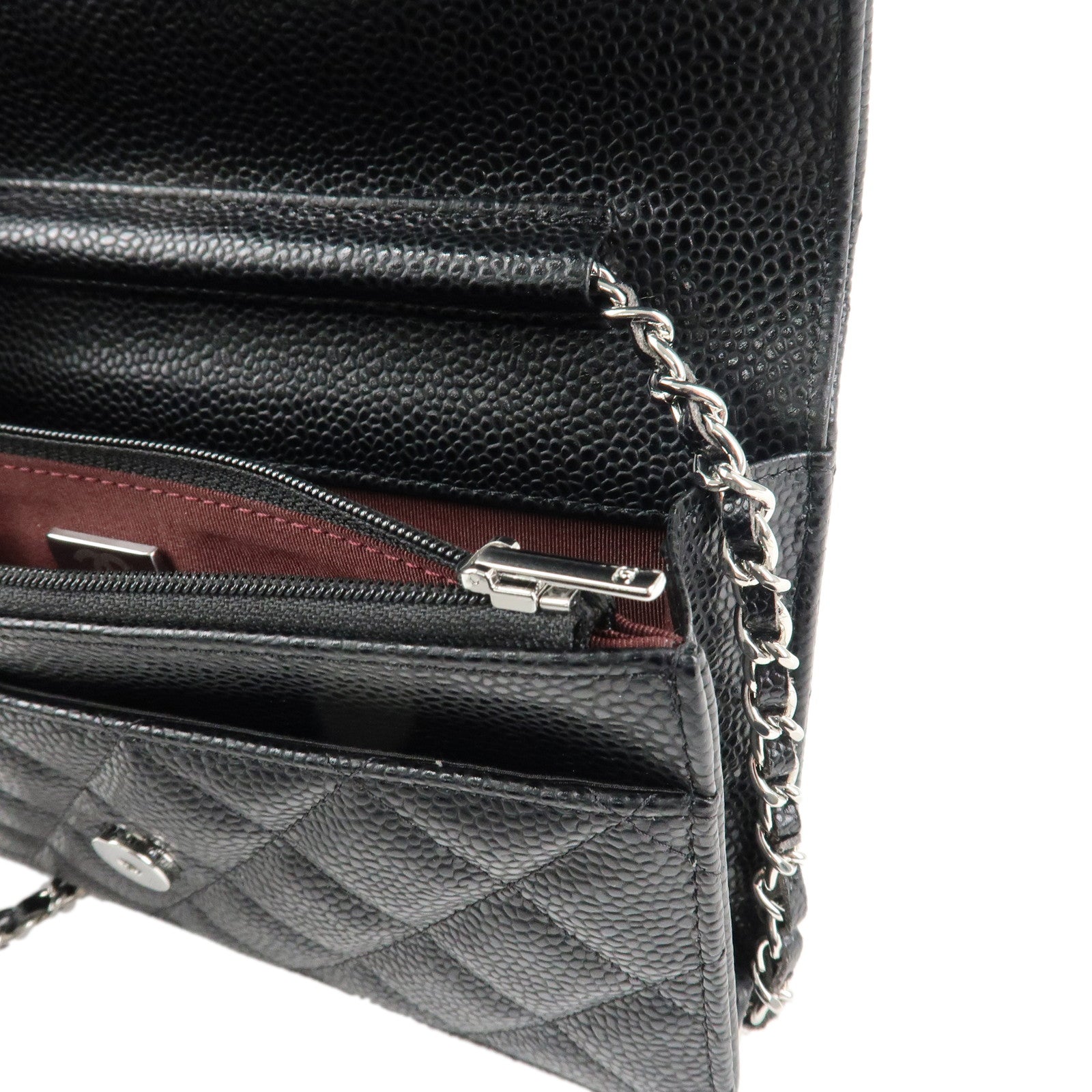 CHANEL Matelasse Caviarskin Chain Wallet Shoulder Bag Black AP0250 Used