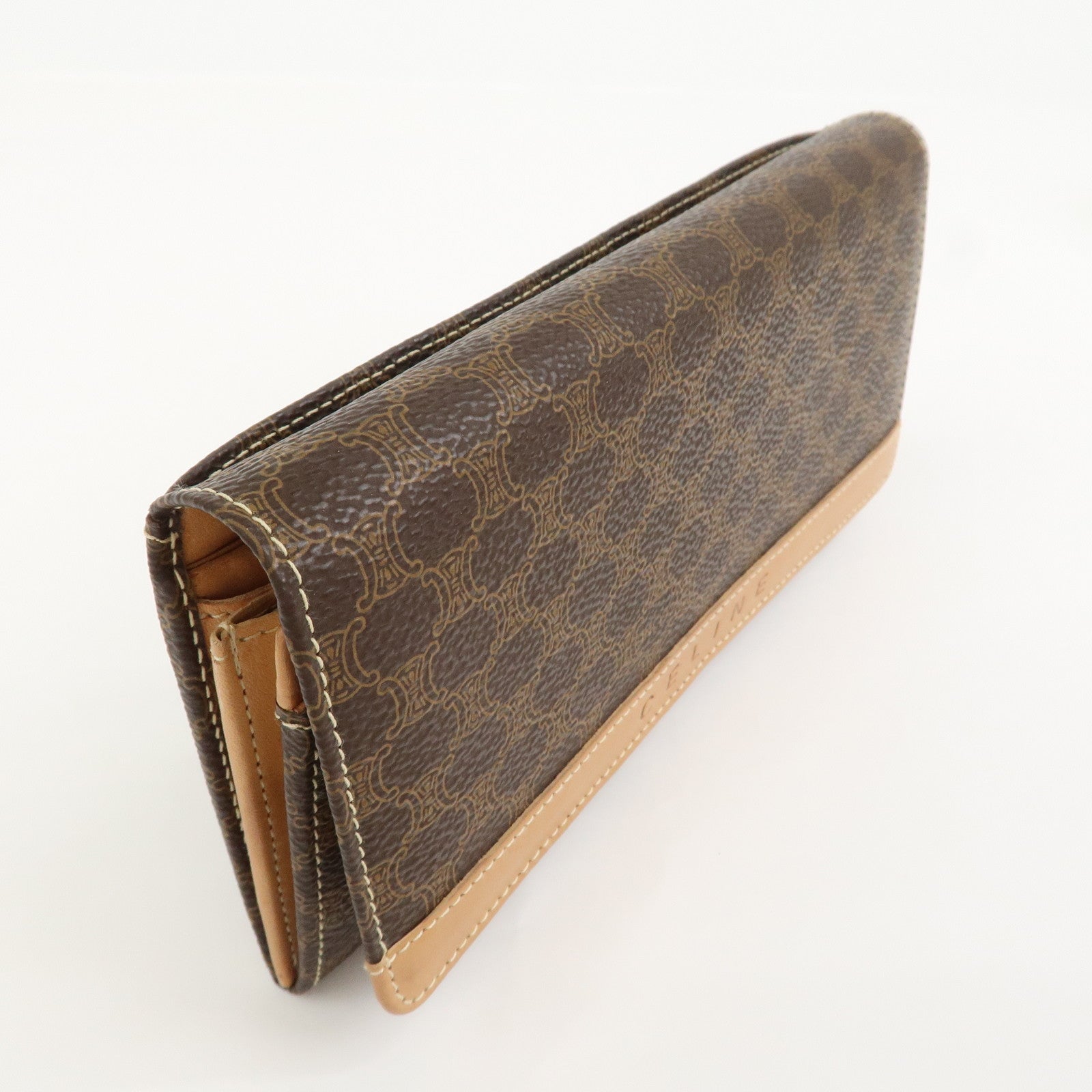 CELINE Macadam PVC Leather Flap Long Wallet Brown Beige