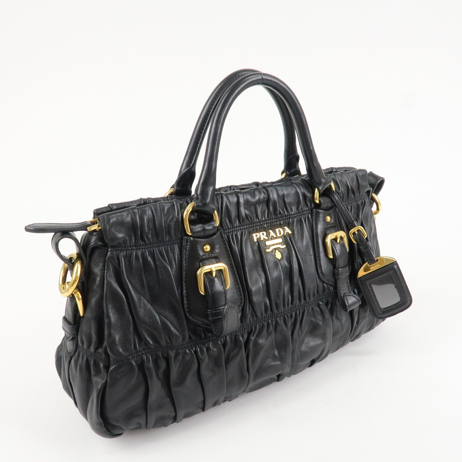 PRADA Logo Leather 2WAY Tote Bag Hand Bag Black Gold HDW B11091 Used