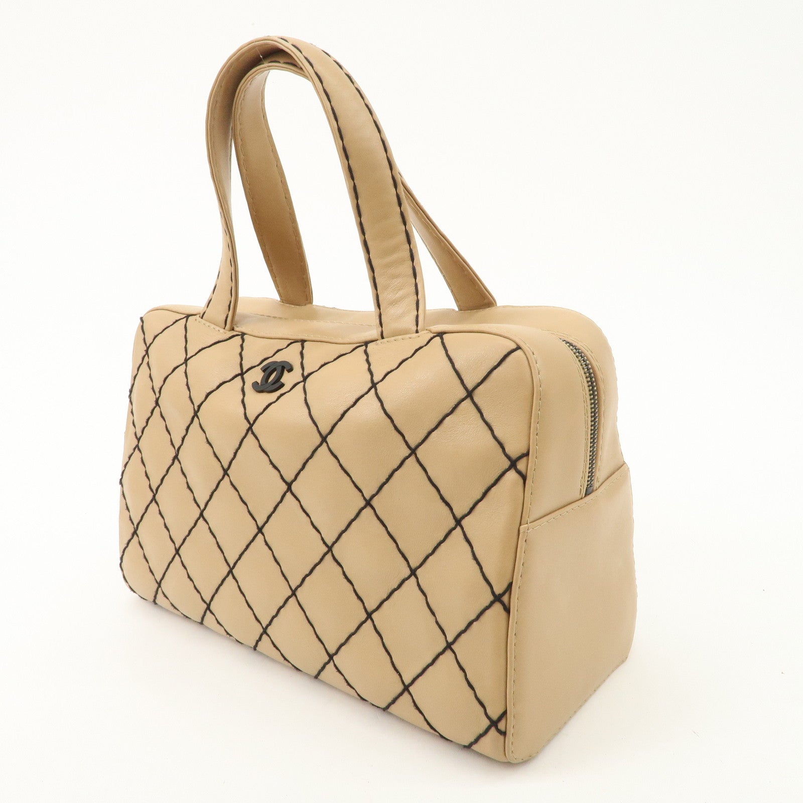 CHANEL Wild Stitch Calf Skin Coco Mark Hand Bag Beige A14692 Used