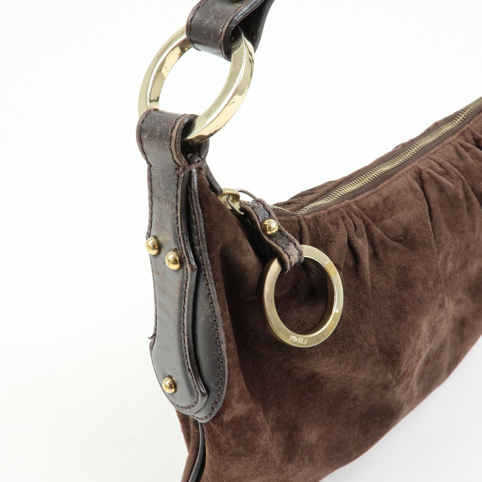 FENDI Suede Leather Shoulder Bag Hand Bag Brown 8BR343