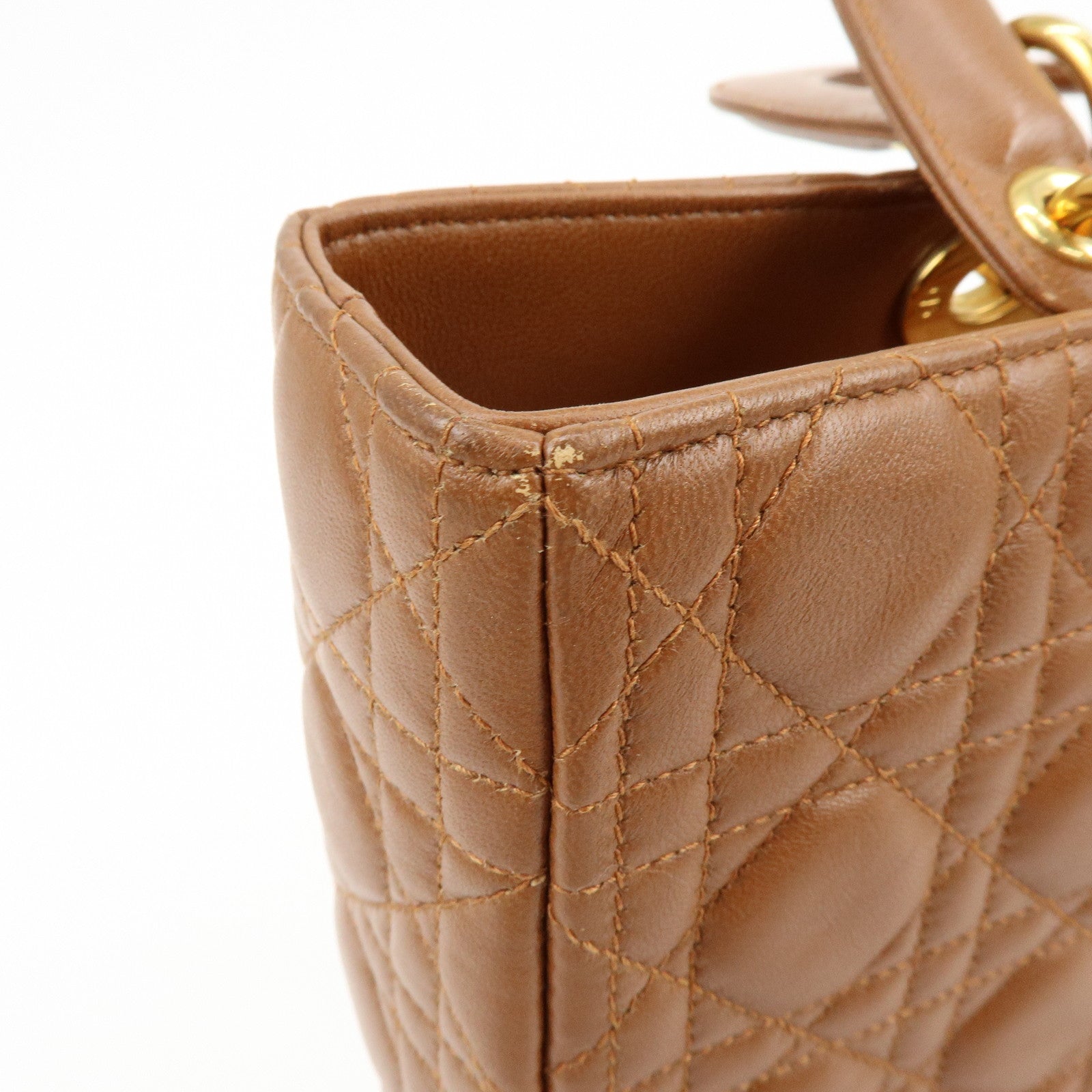 Christian Dior Cannage Large Lamb Skin 2Way Bag Hand Bag Camel
