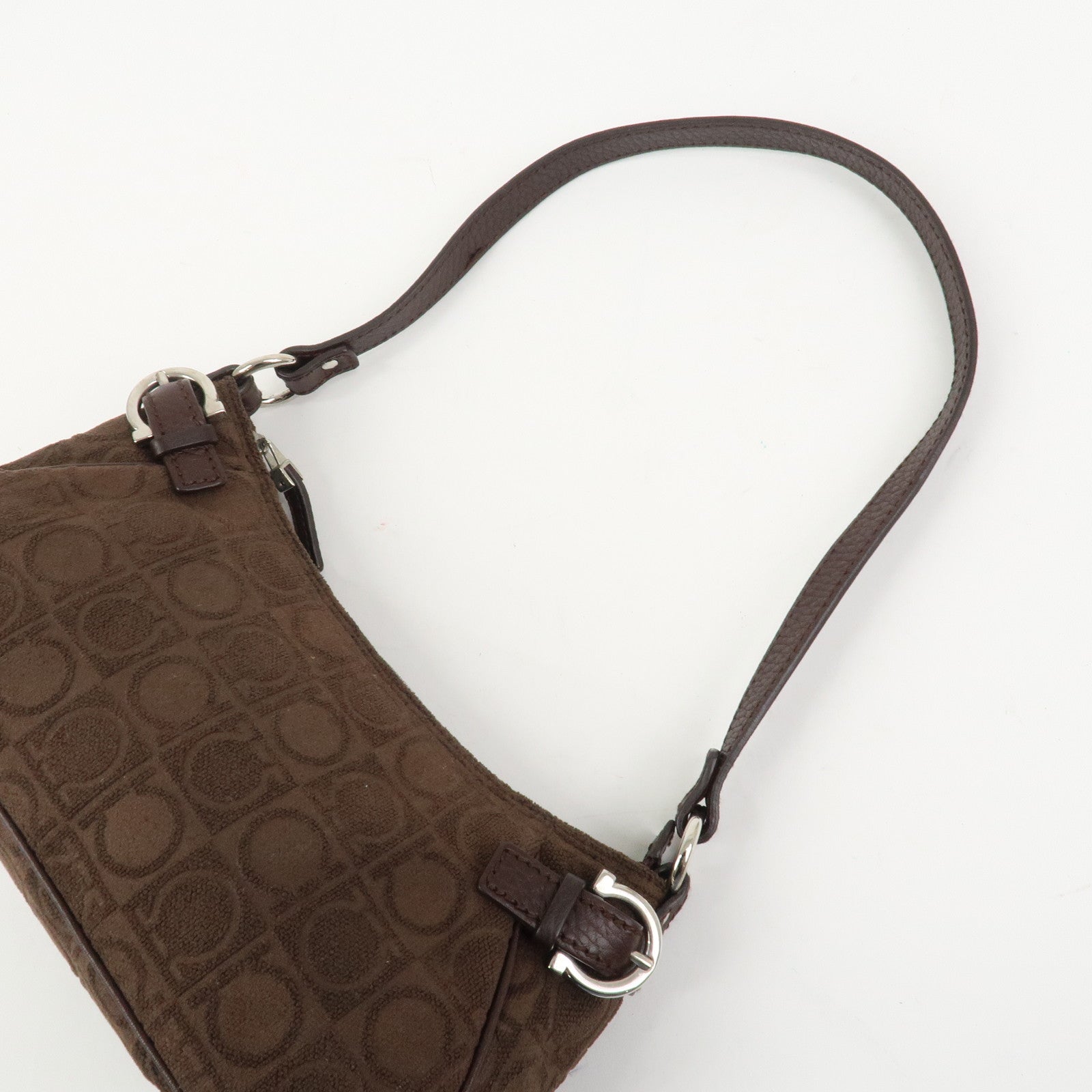 Ferragamo Gancini Polyester Leather Shoulder Bag Hand Bag Brown