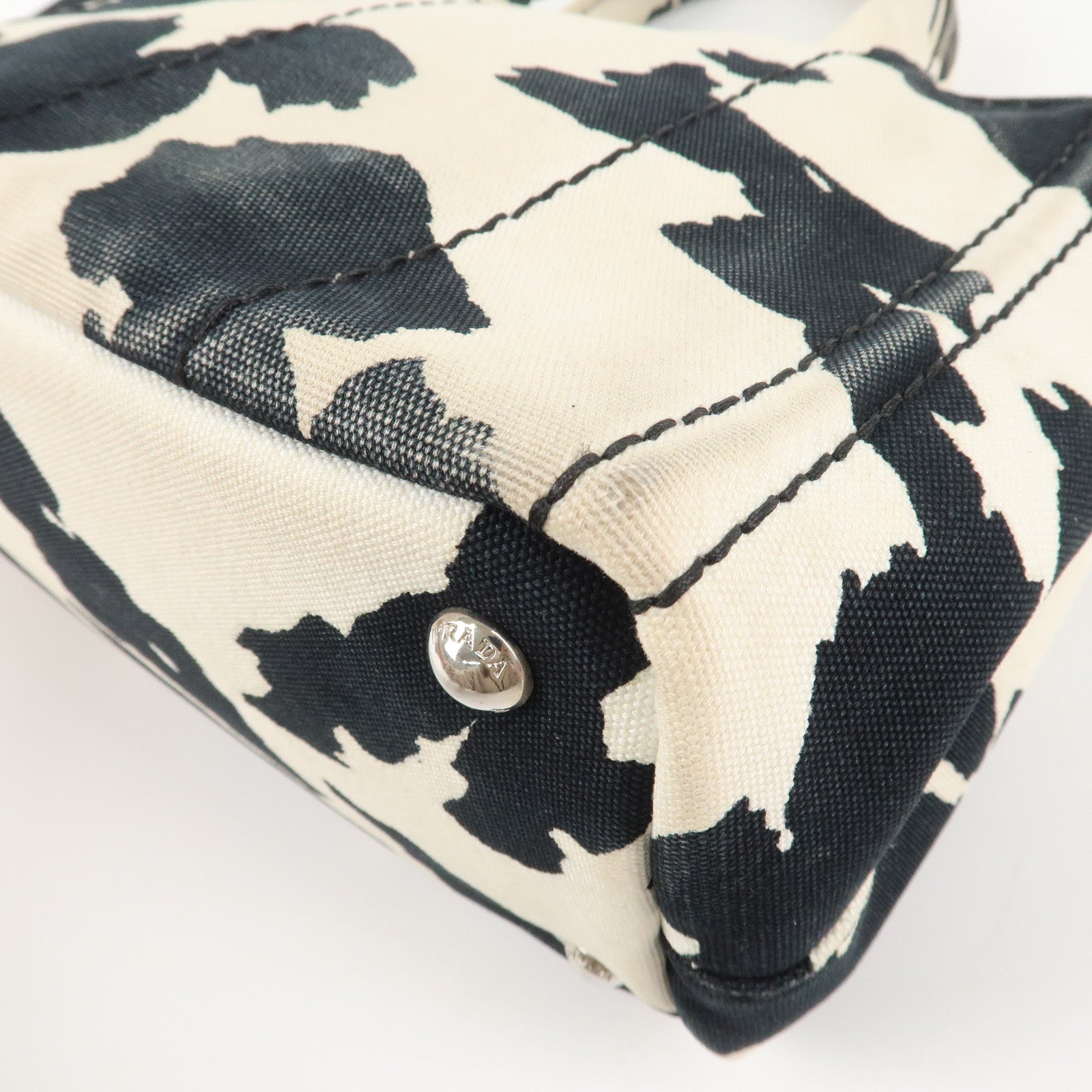 PRADA Logo Canapa Mini Canvas 2Way Bag Hand Bag Black White B2439G Used