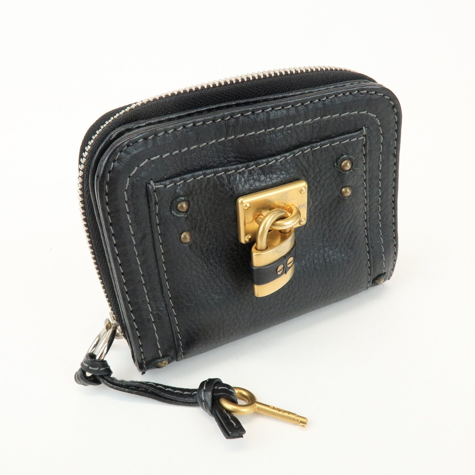 Chloe Logo Leather Round Zippy Compact Wallet Black