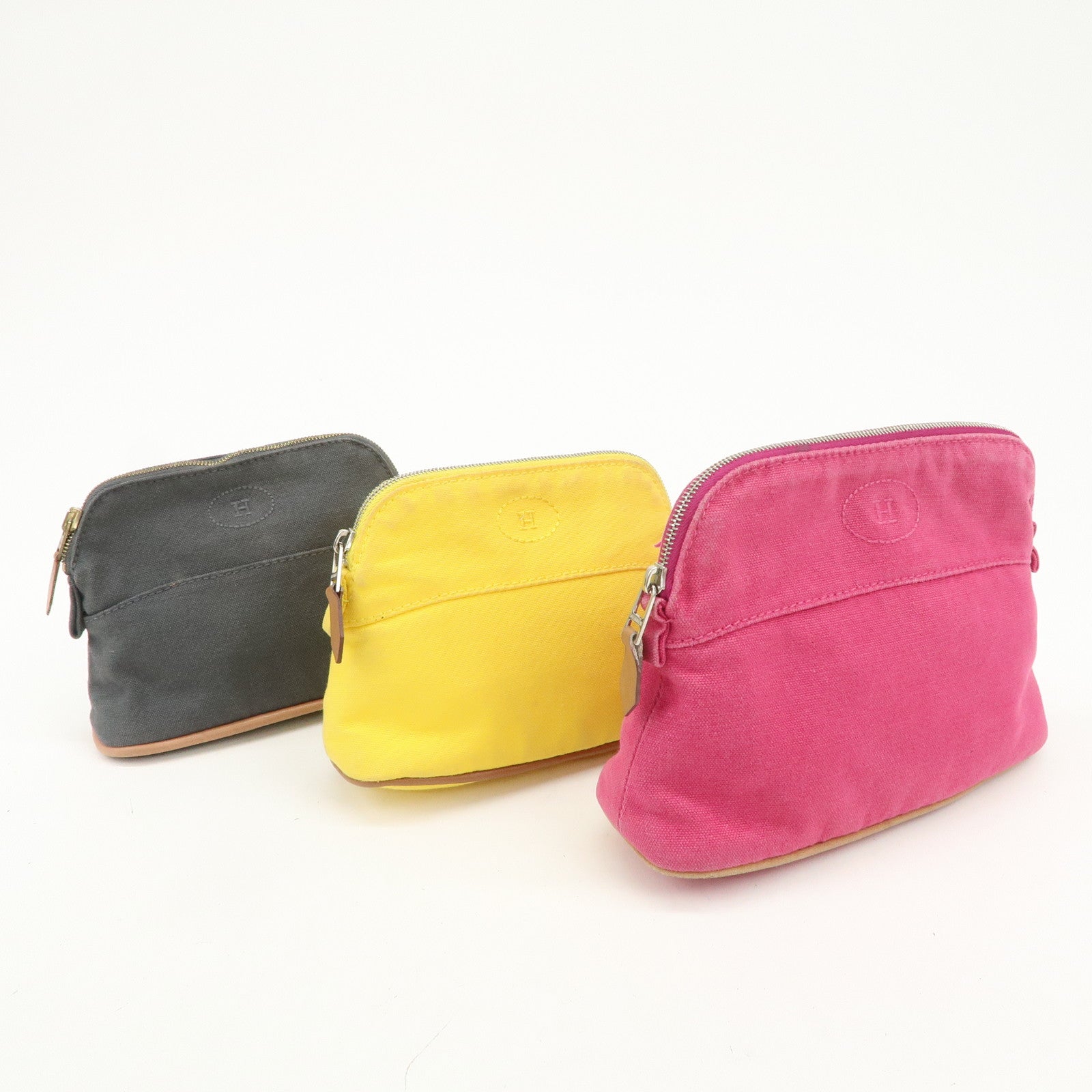 HERMES Canvas Leather Bolide Set of 3 Pouch Yellow Pink Gray