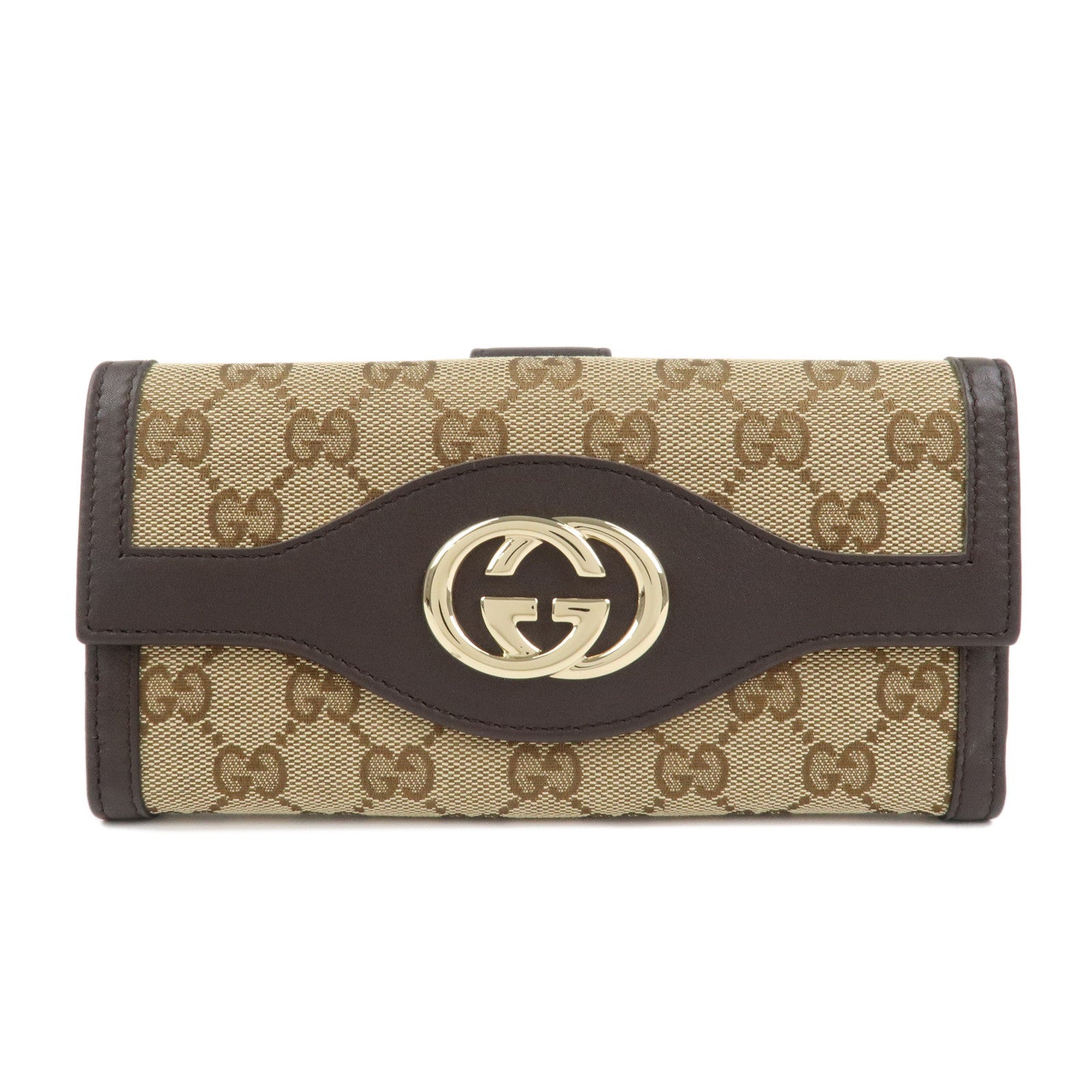 GUCCI Interlocking G GG Canvas Double Flap Long Wallet Brown 282426