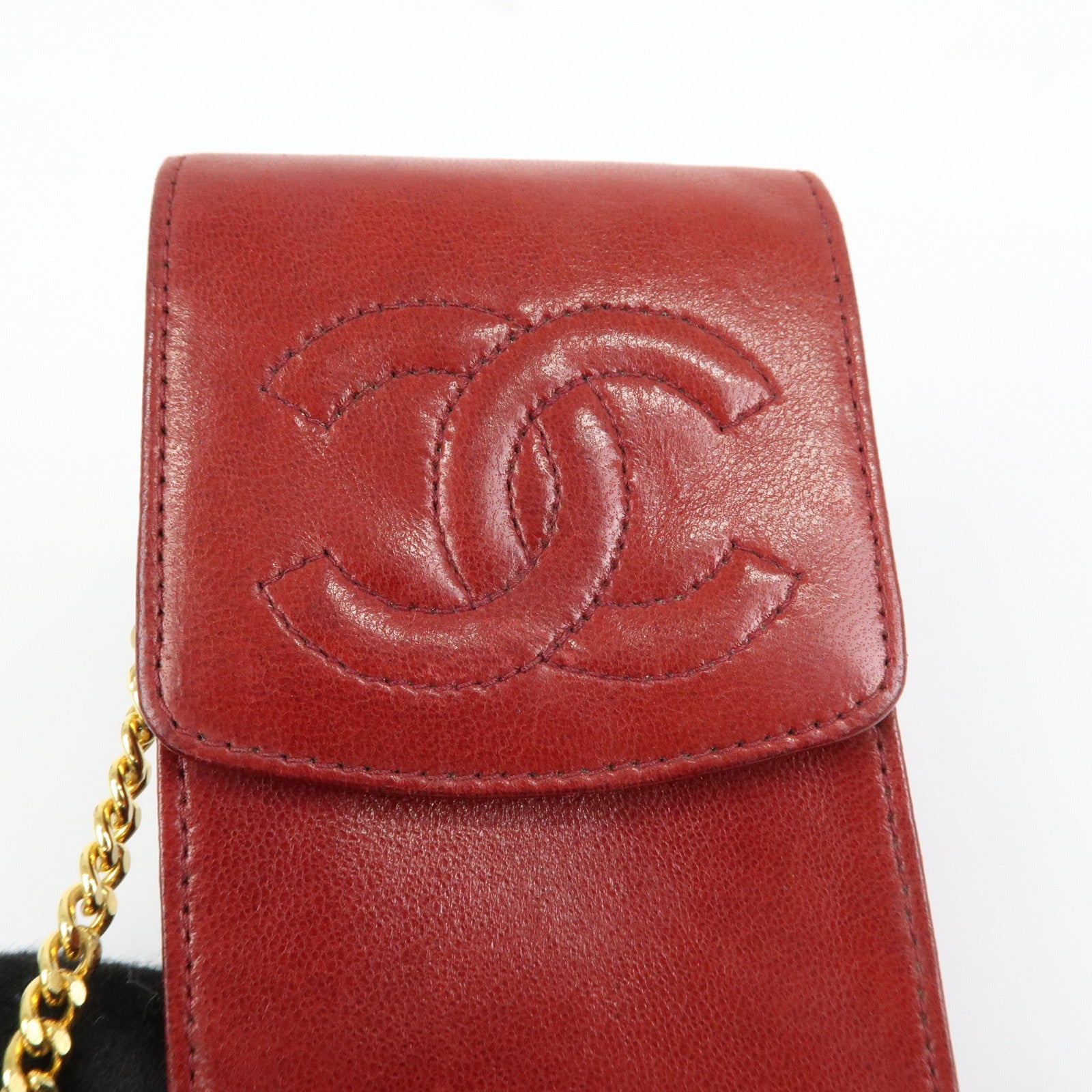 CHANEL COCO Mark Lamb Skin Cigarette Case Key Case Red