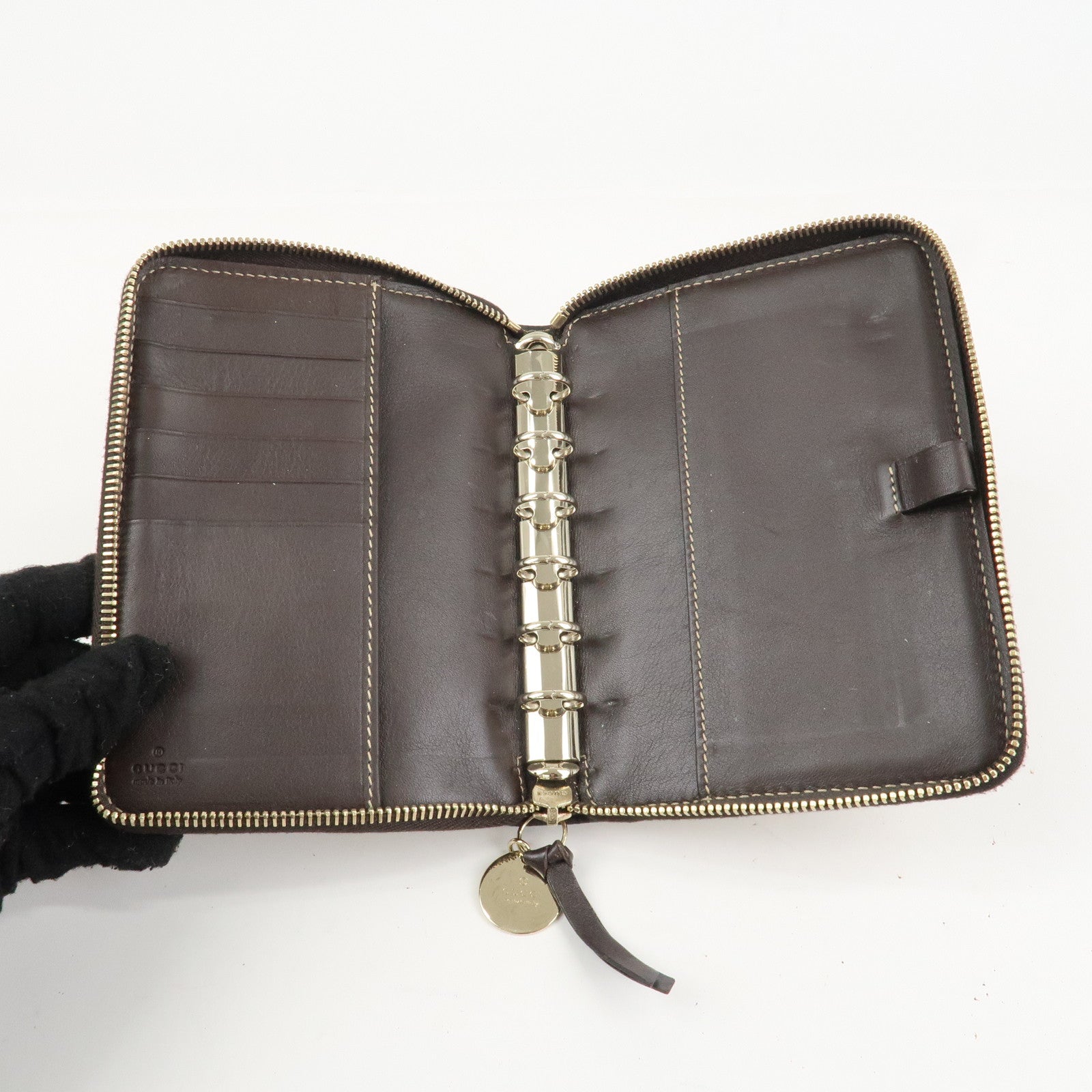 GUCCI GG Canvas Leather Planner Cover Brown Beige Gold HDW 233152 Used