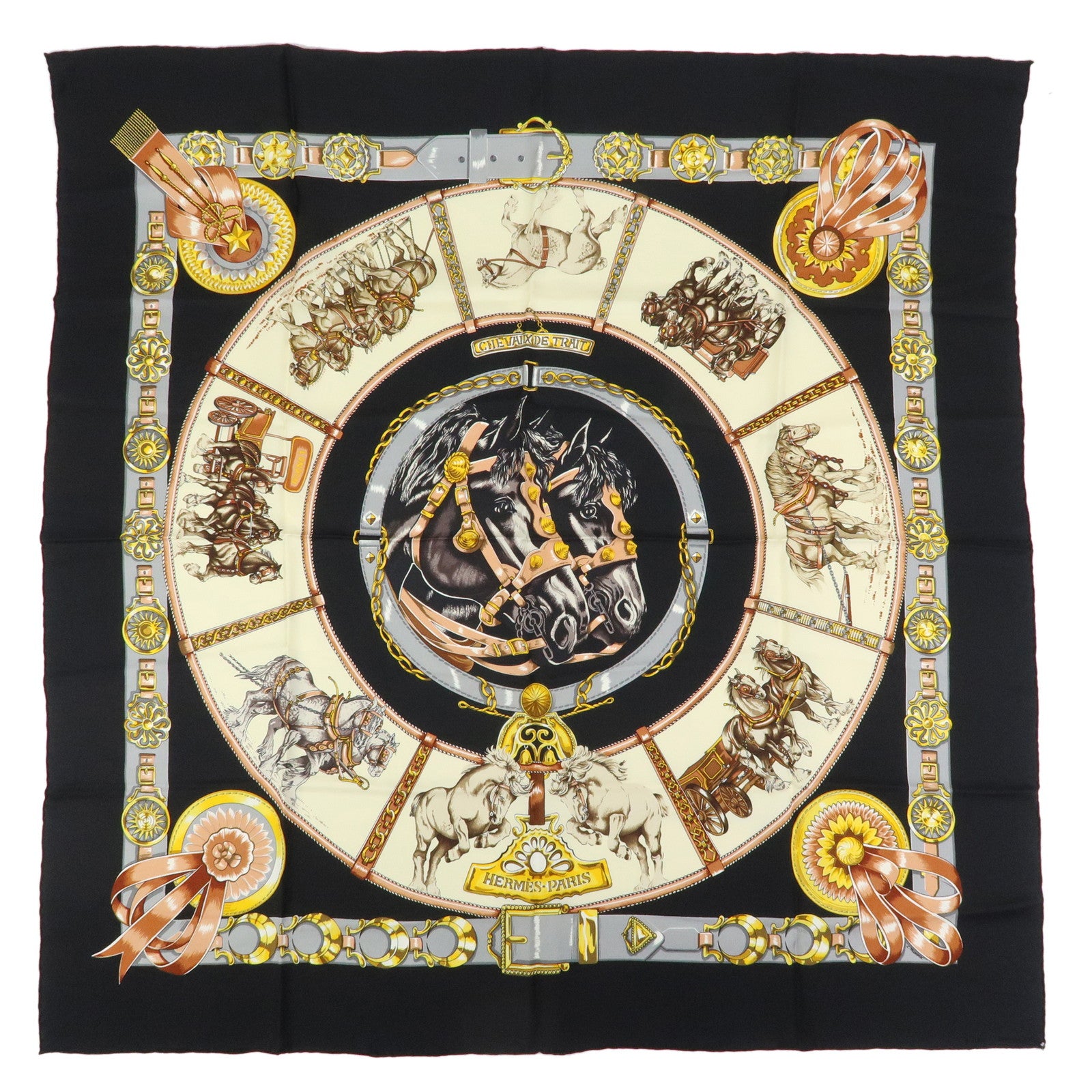 HERMES Carre 90 Silk 100% Scarf CHEVAUX DE TRAIT Black Gold Beige