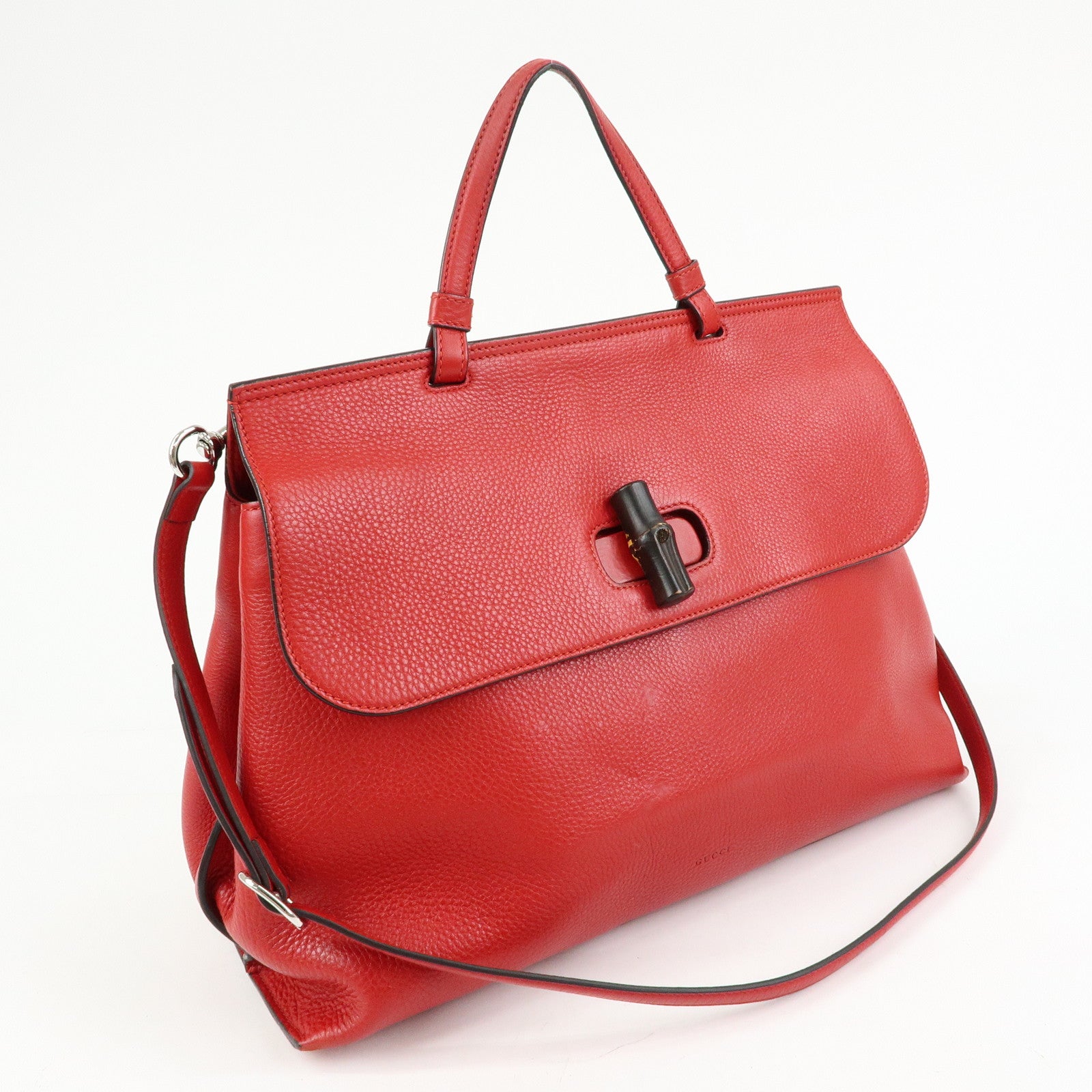 GUCCI Bamboo Leather 2Way Bag Hand Bag Shoulder Bag Red 370830