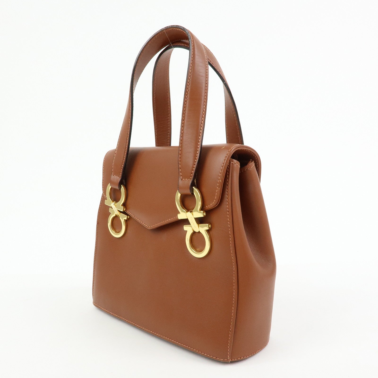 Ferragamo Gancini Leather 2Way Bag Hand Bag Shoulder Bag Brown