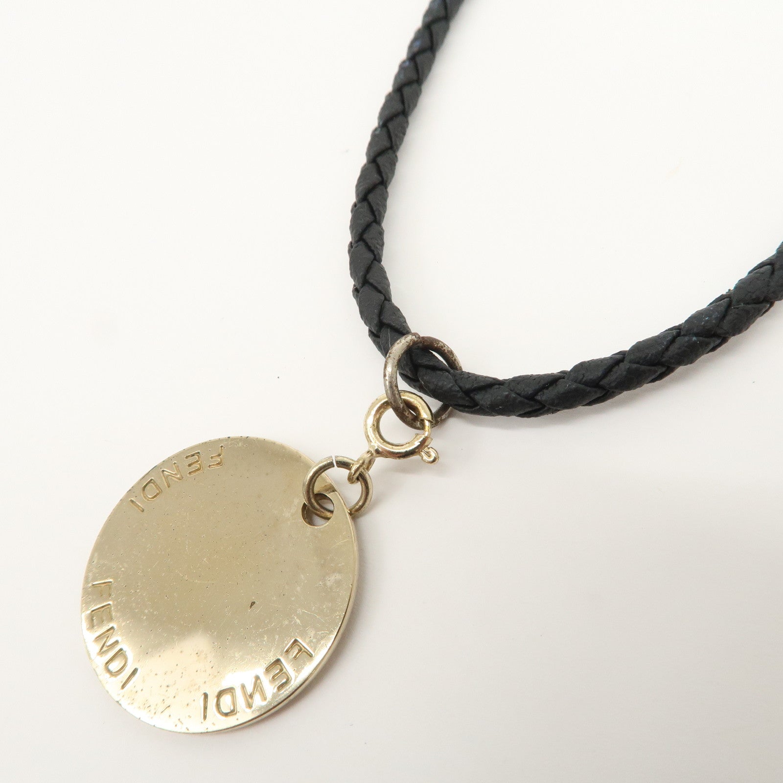 FENDI Coin Motif Leather Metal Necklace Gold Black