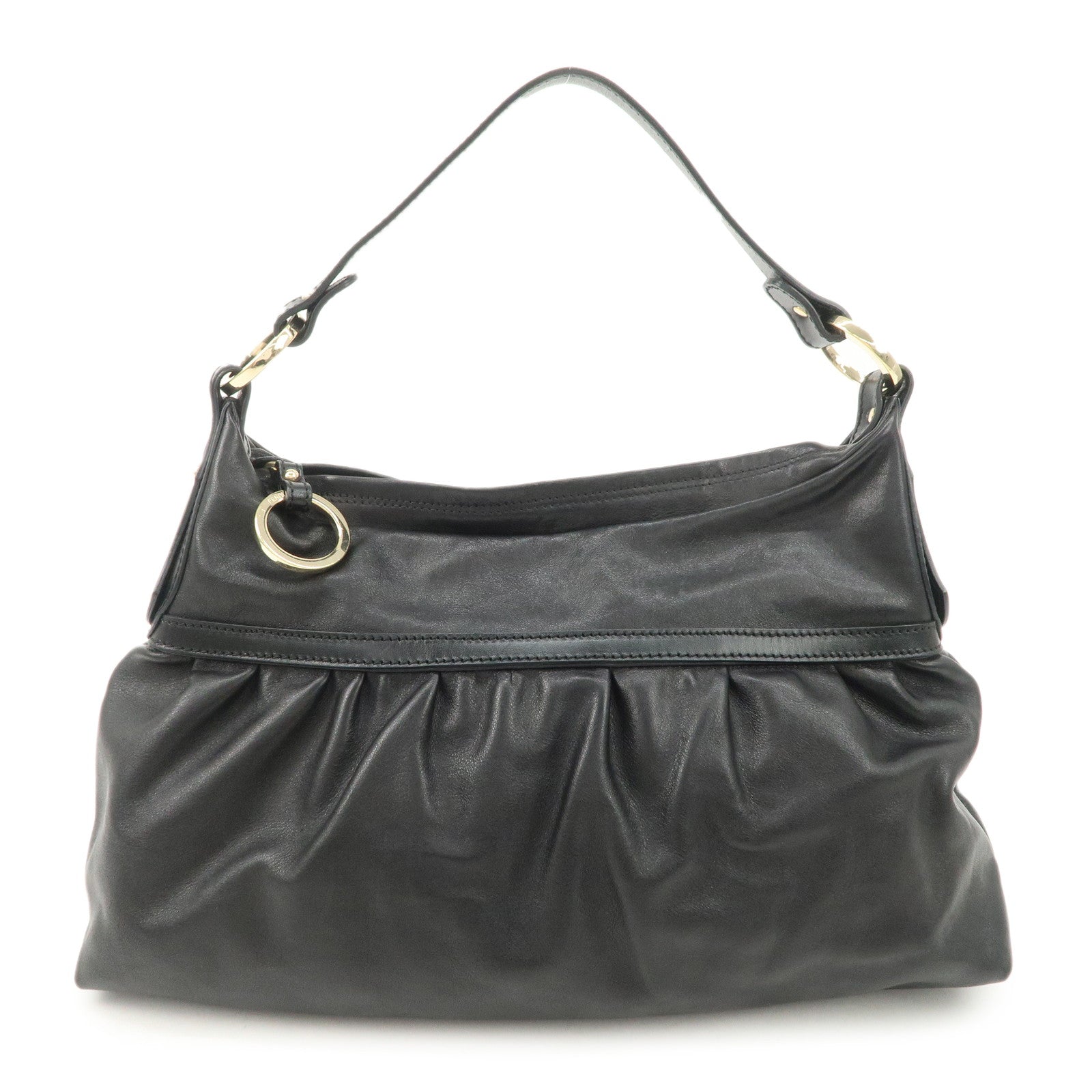 FENDI Leather Shoulder Bag Hand Bag Black Gold Hardware 8BR344 Used