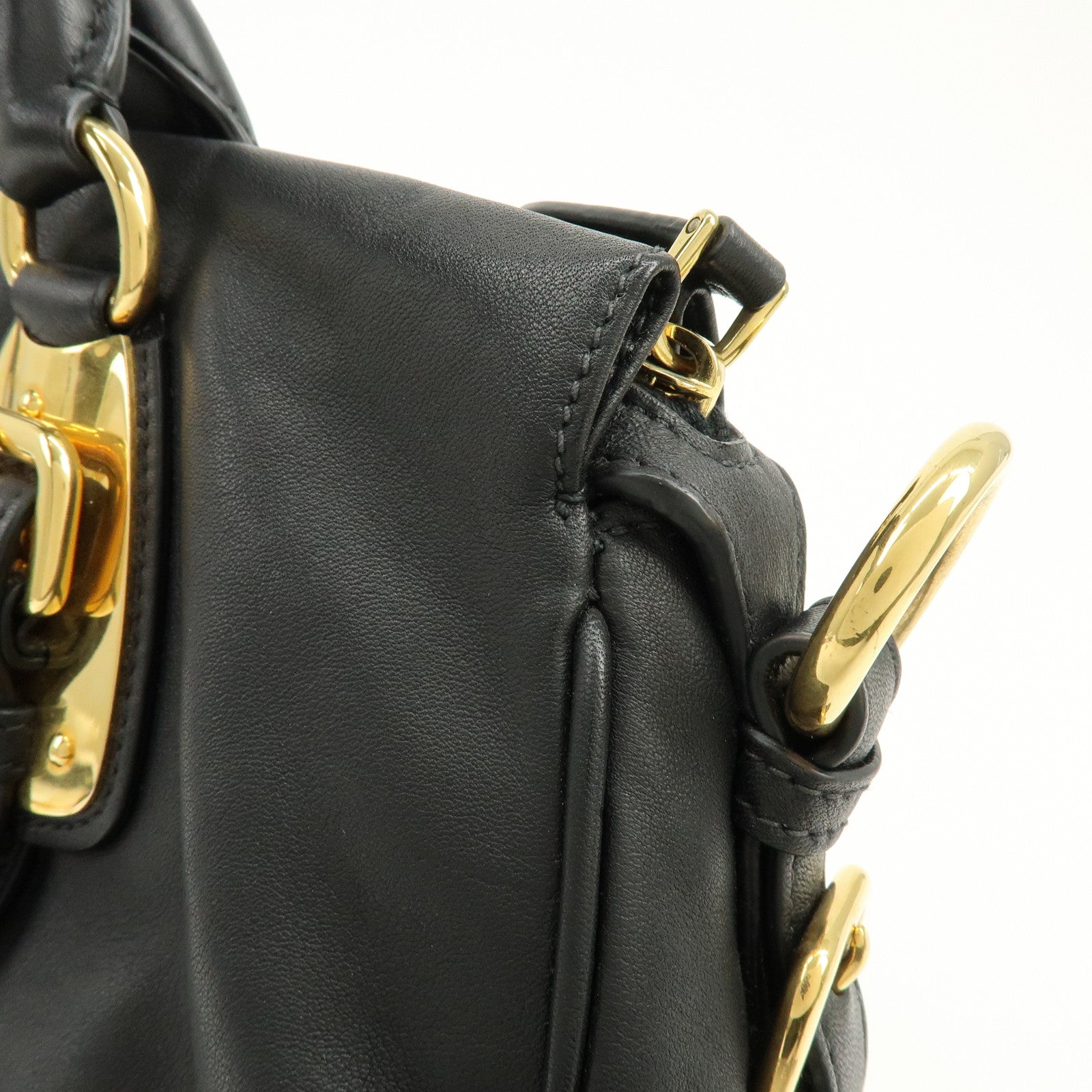 PRADA Logo Leather 2Way Bag Hand Bag Shoulder Bag Black Gold BN1903