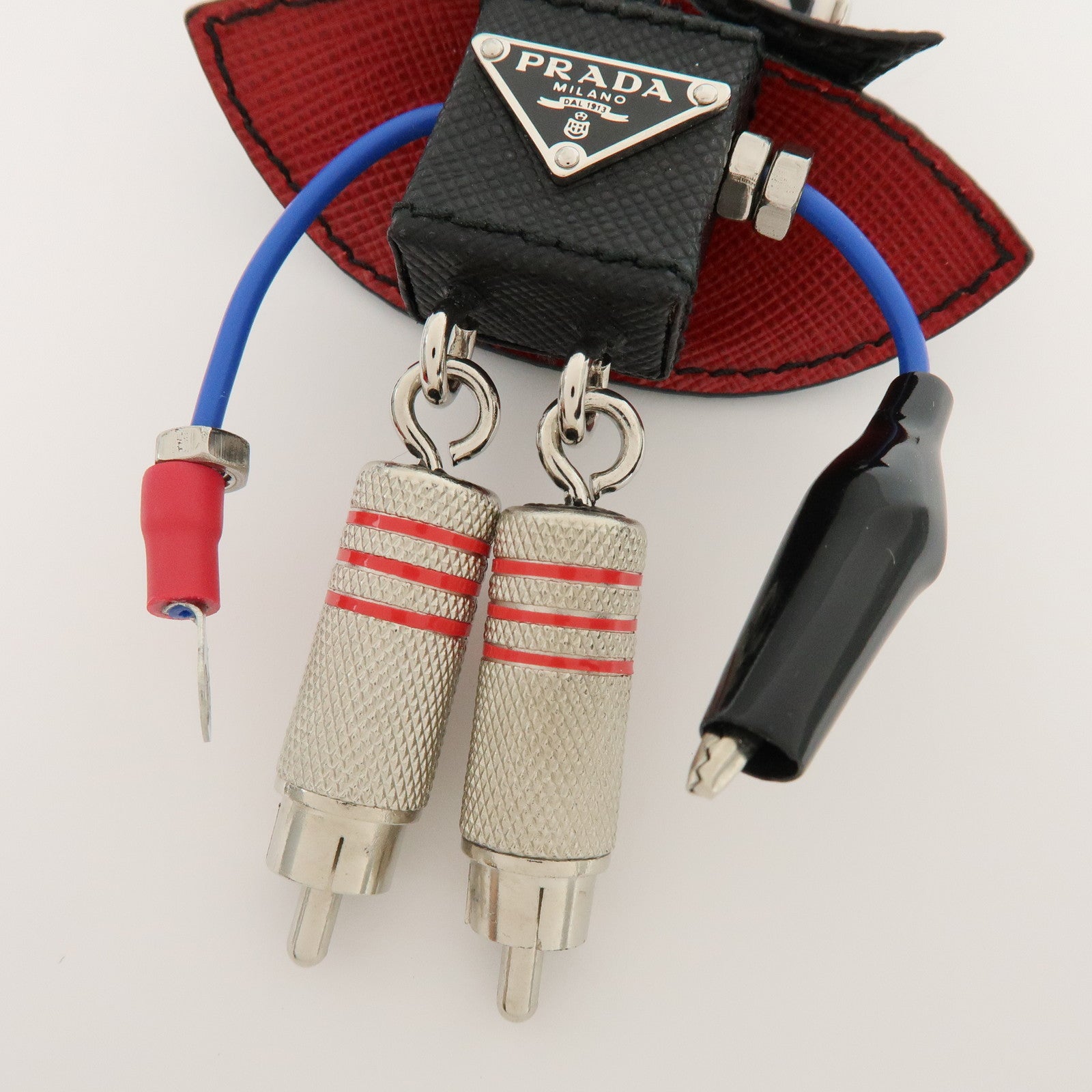 PRADA Triangle Logo Metal Saffiano Leather Bag Key Charm Black Red