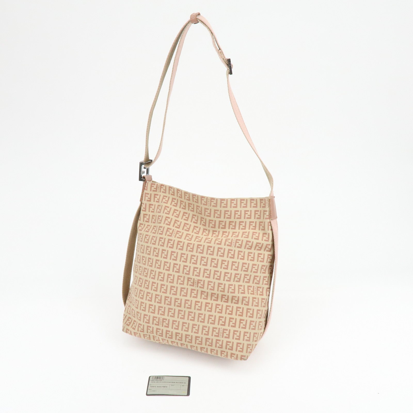 FENDI Zucchino Canvas Leather Shoulder Bag Beige Pink 8BR318