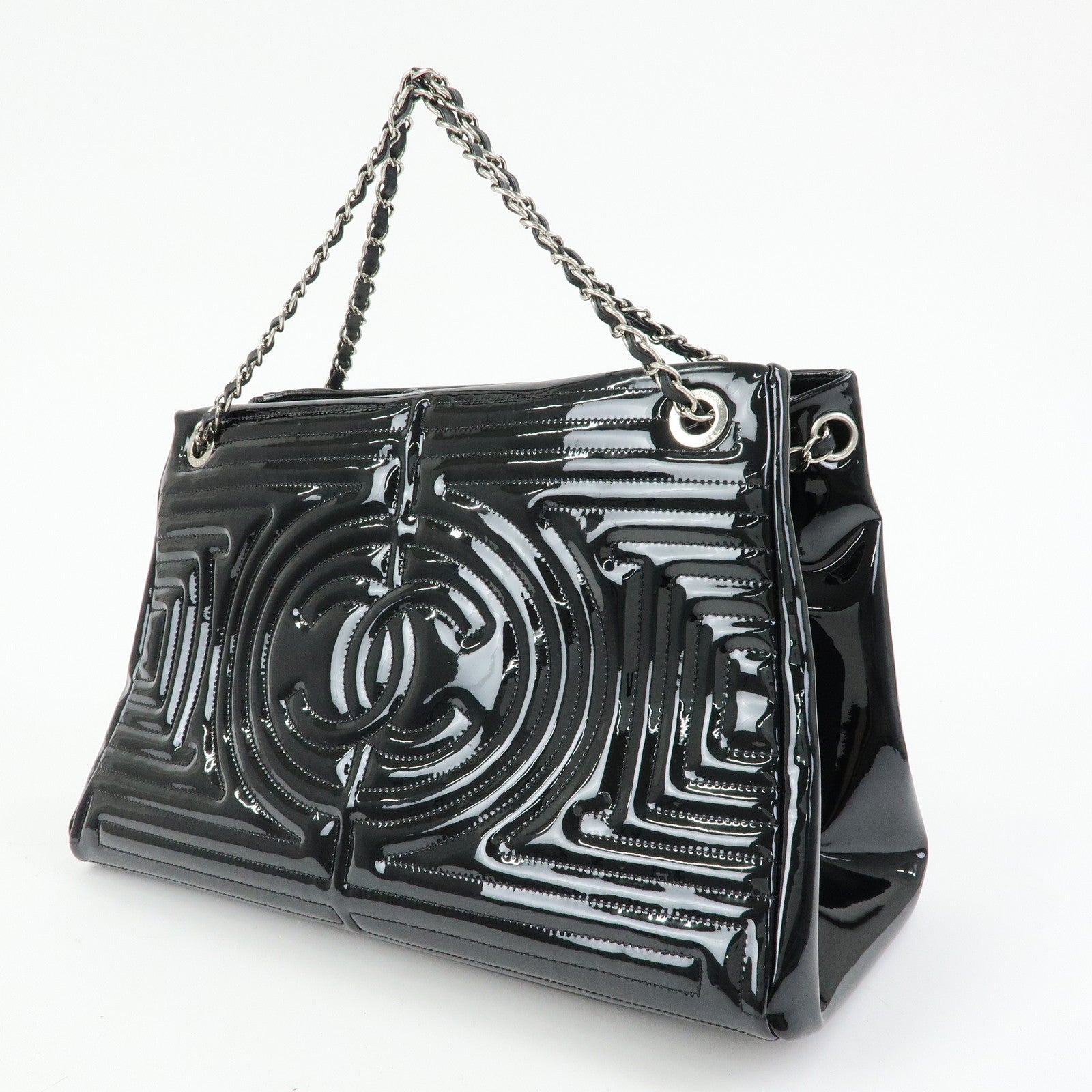 CHANEL COCO Mark Patent Leather Lamb Skin Tote Bag Hand Bag Black