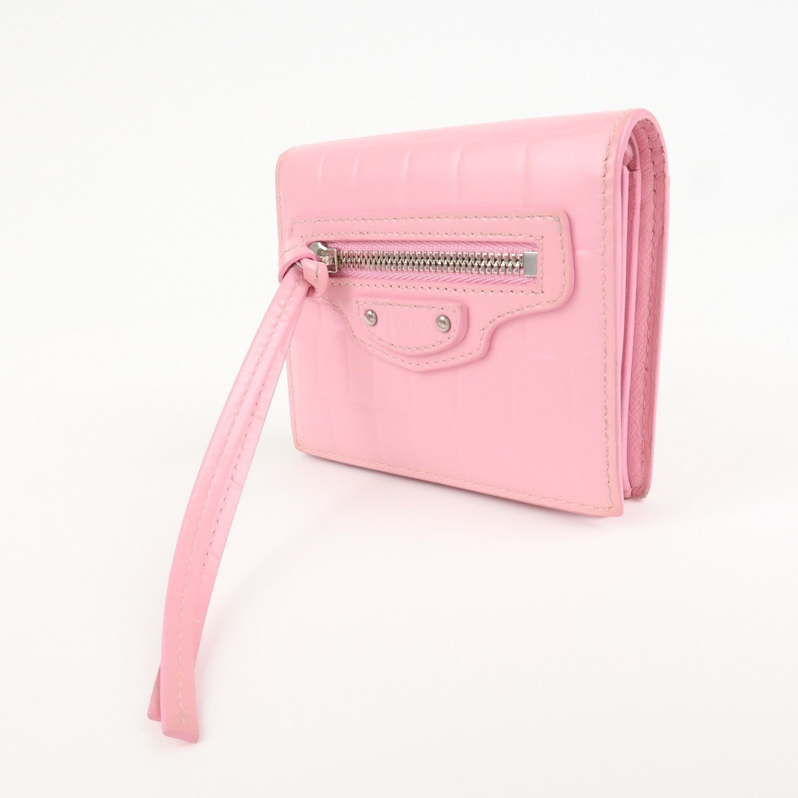 BALENCIAGA Leather Neo Classic Mini Wallet Pink Silver HDW 640111 Used