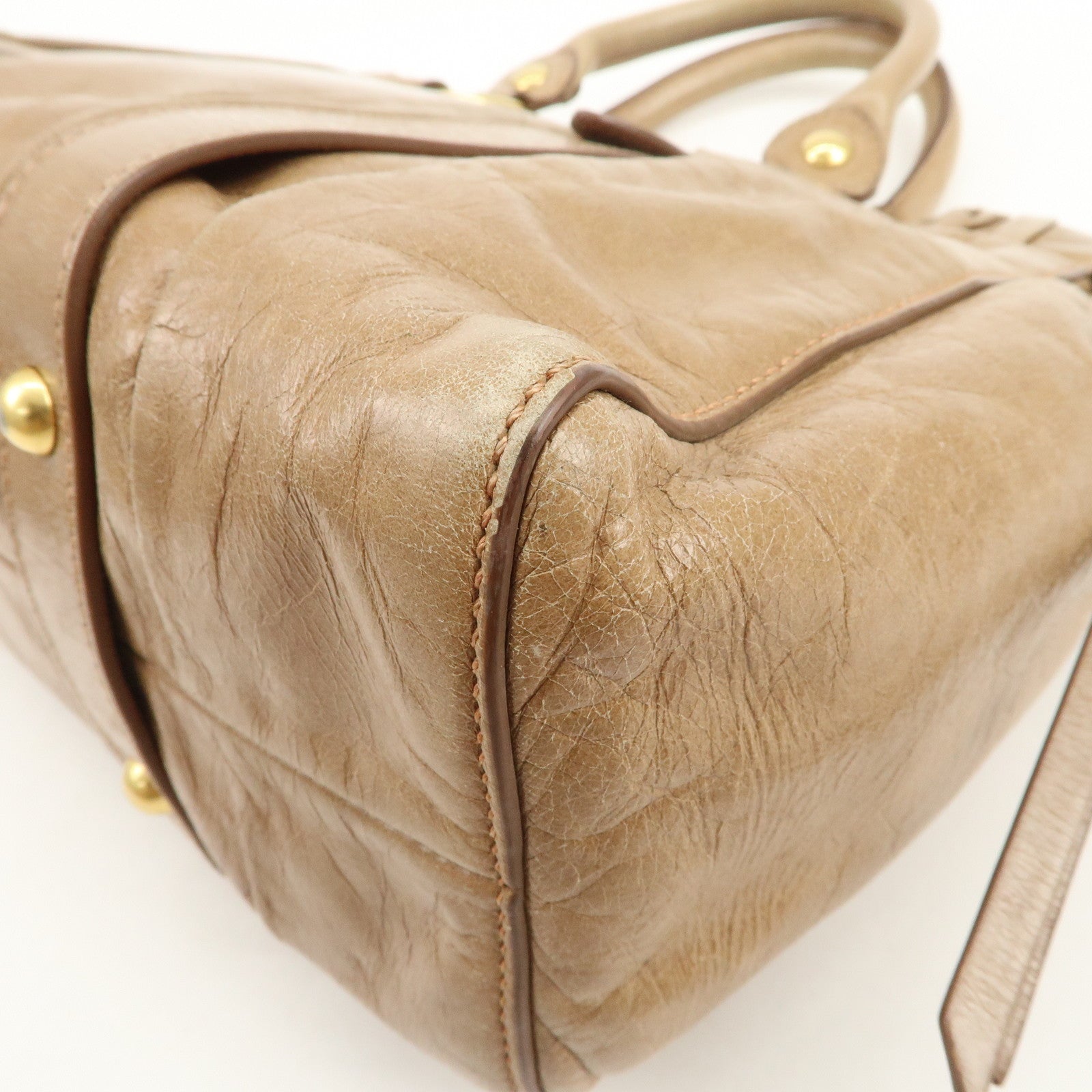 MIU MIU Leather 2Way Gathered Hand Bag Shoulder Bag Brown RT0383