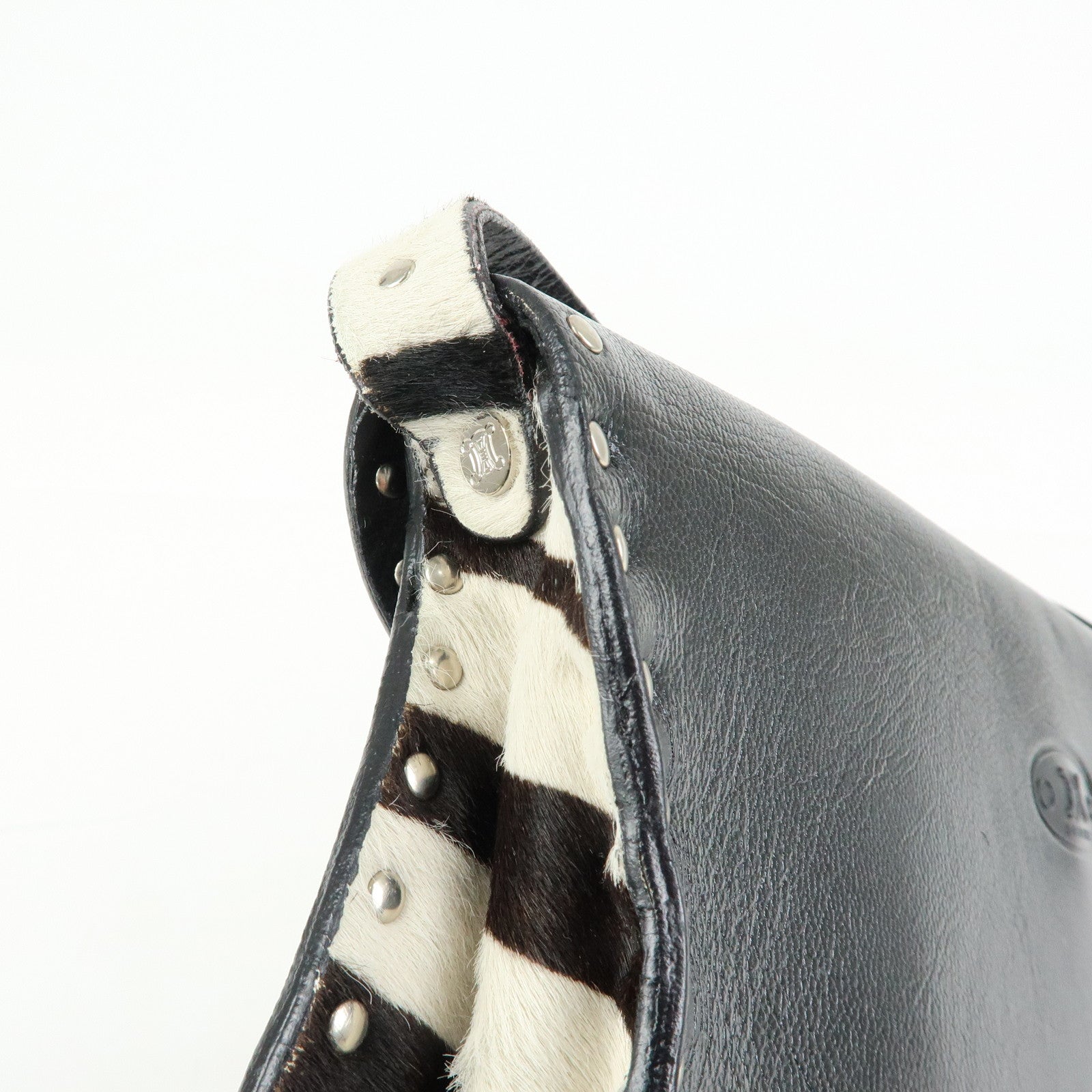 CELINE Haircalf Leather Studs Hand Bag Zebra Print Black White