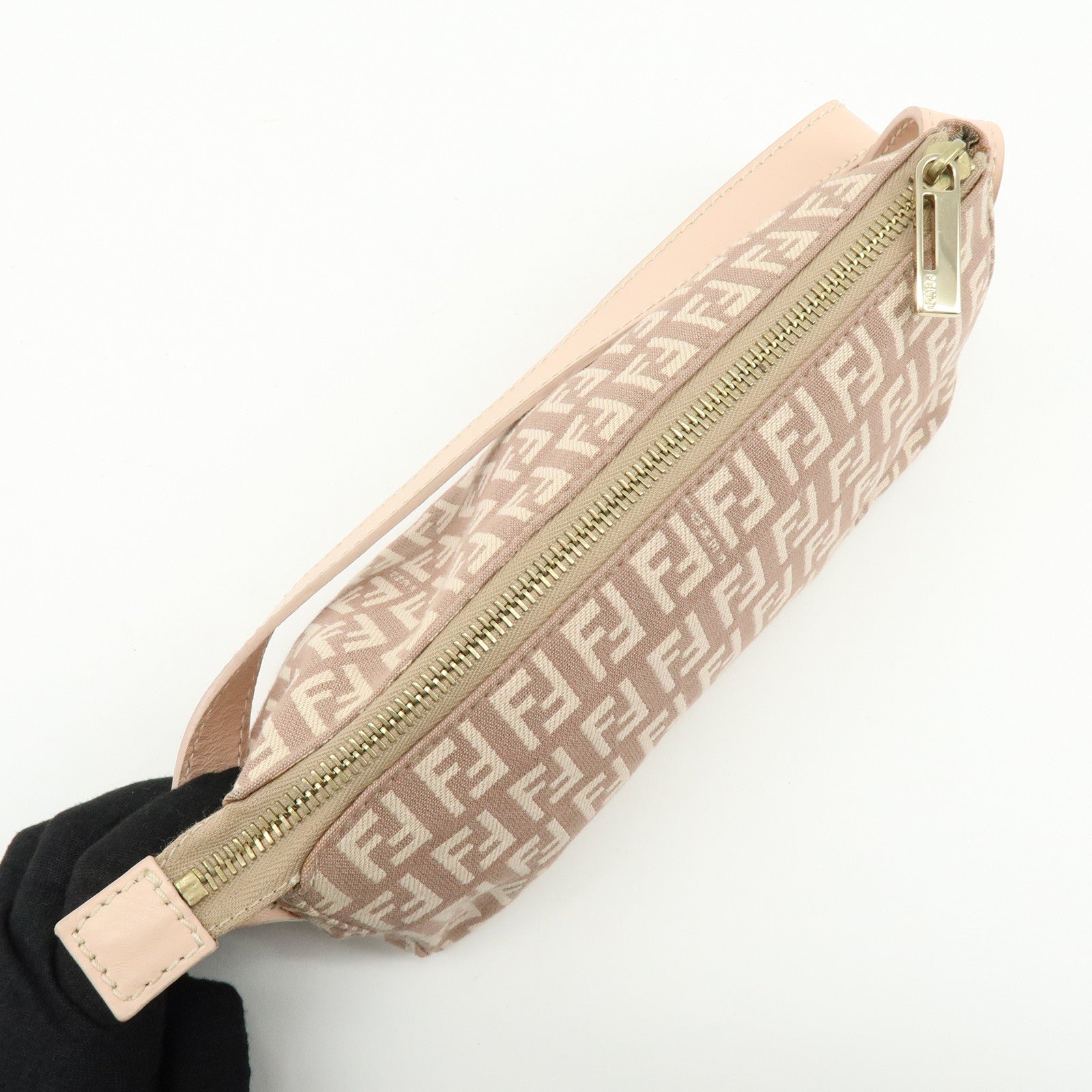 FENDI Zucchino Canvas Leather Hand Bag Pink Beige 8BR443