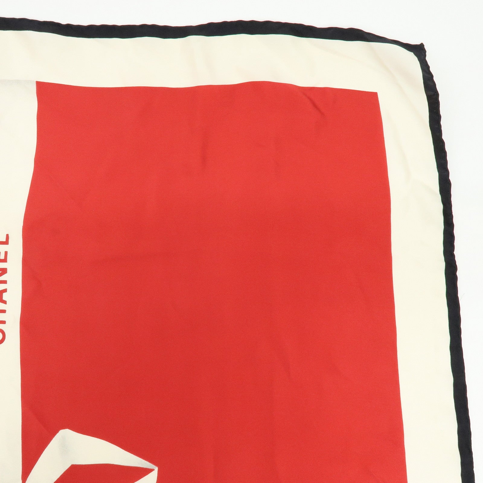 CHANEL Logo Silk 100% Scarf Ribbon Motif Red Ivory Black
